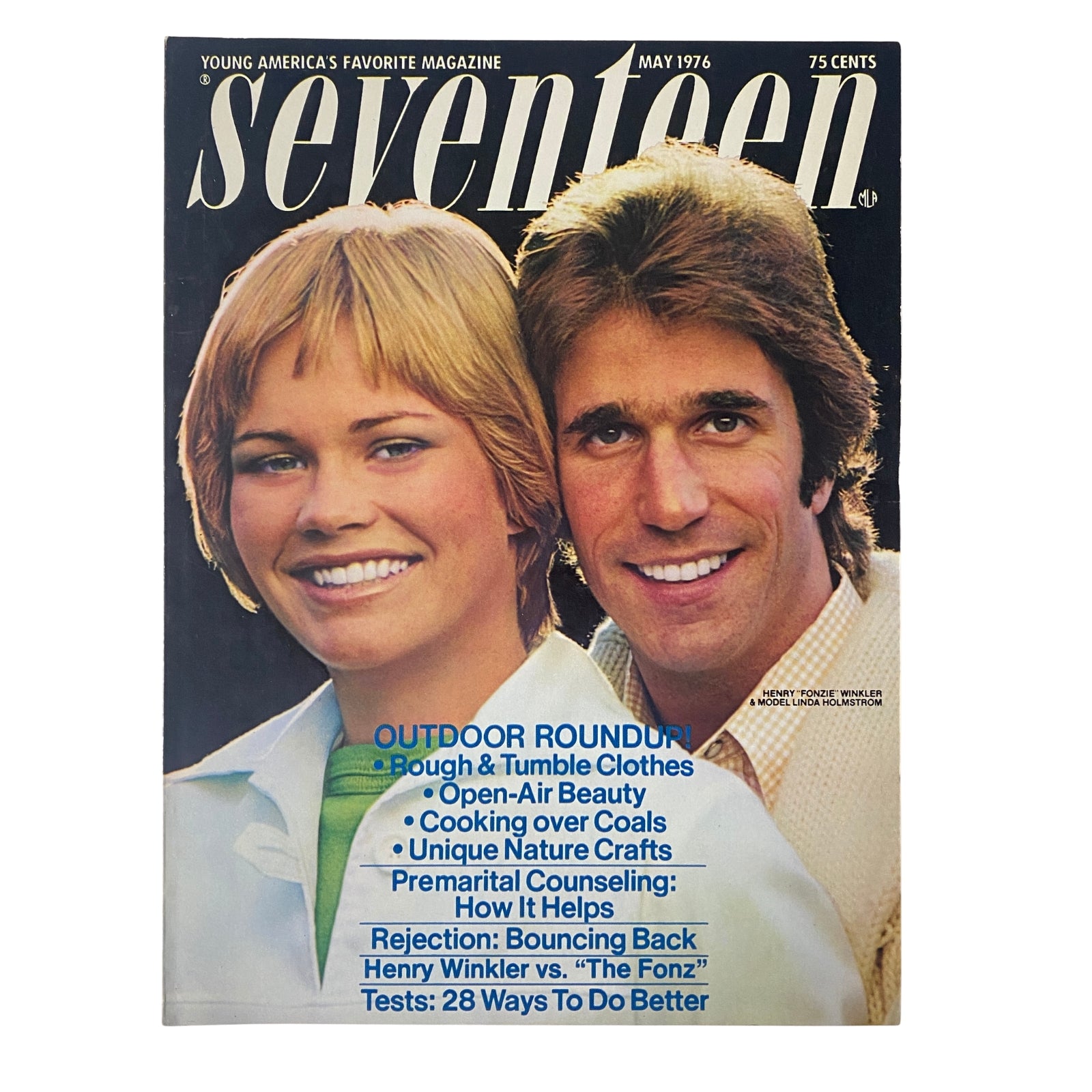 Cover of Seventeen Magazine May 1976 featuring Henry Winkler and Linda Holmstrom, highlighting outdoor fashion and teen lifestyle articles.