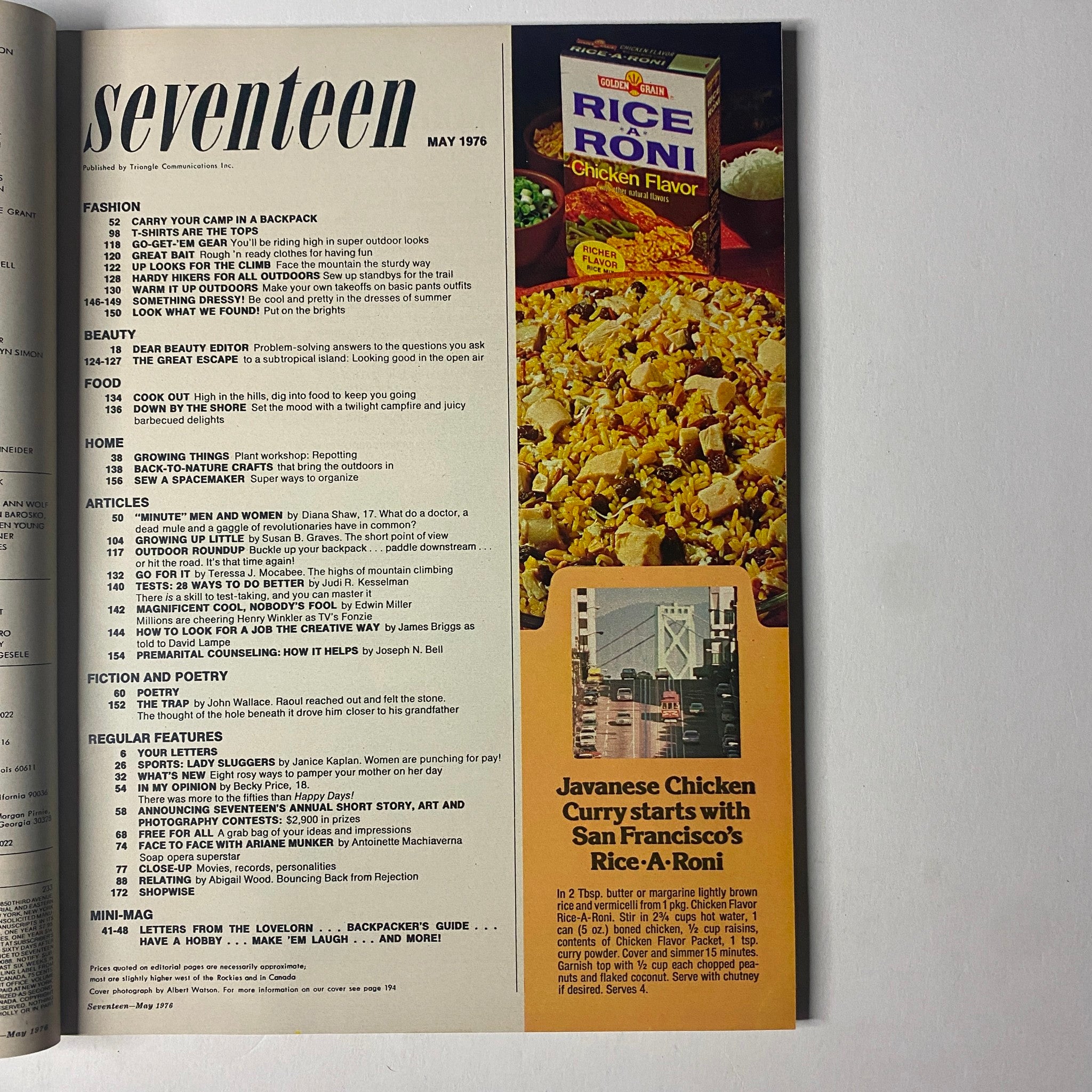 Inside page of Seventeen Magazine May 1976 detailing fashion, beauty tips, and articles, including a recipe featuring Rice-A-Roni.
