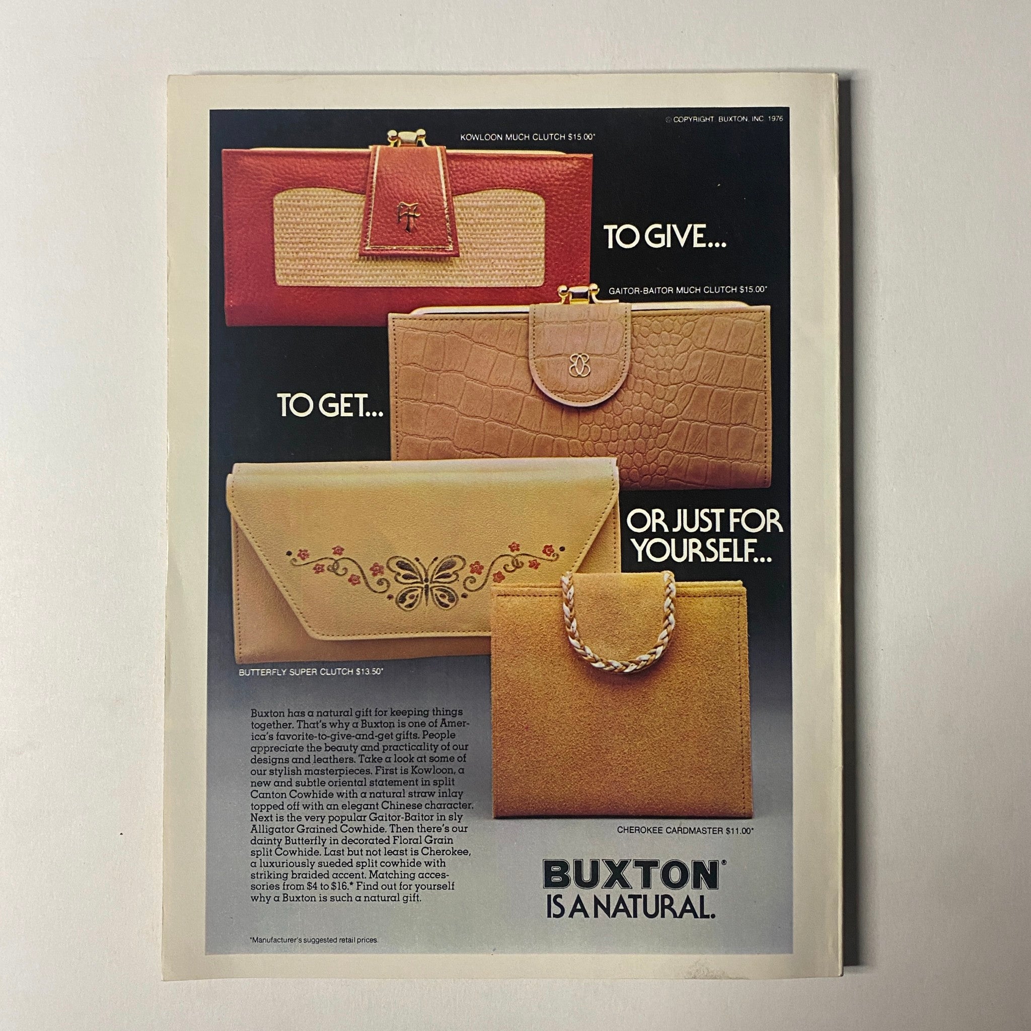 Advertisement page from Seventeen Magazine May 1976 showcasing Buxton handbags, emphasizing style for gifting or personal use.