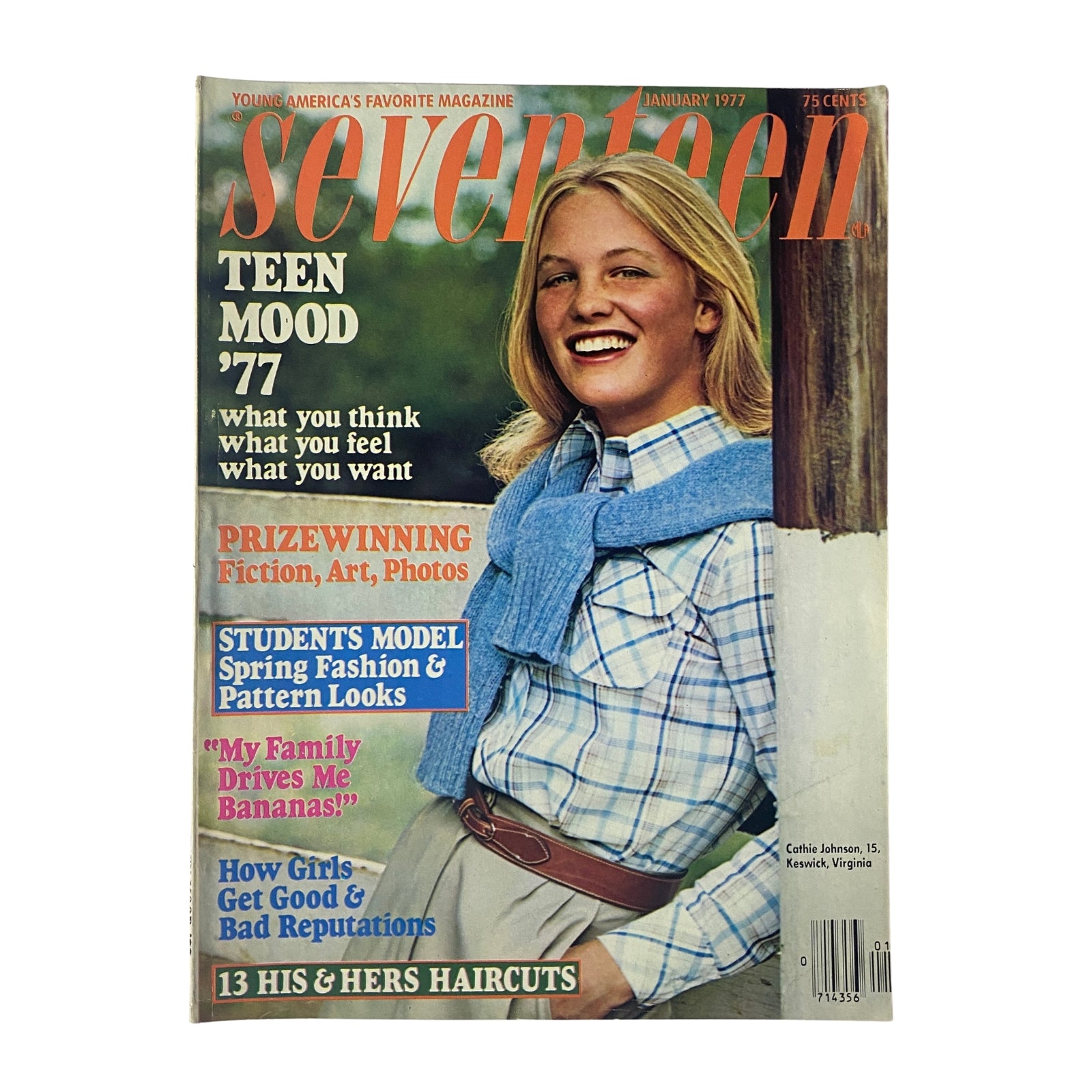 Cover of Seventeen Magazine January 1977 featuring Cathie Johnson, highlighting fashion and beauty with the theme 'Teen Mood '77.'