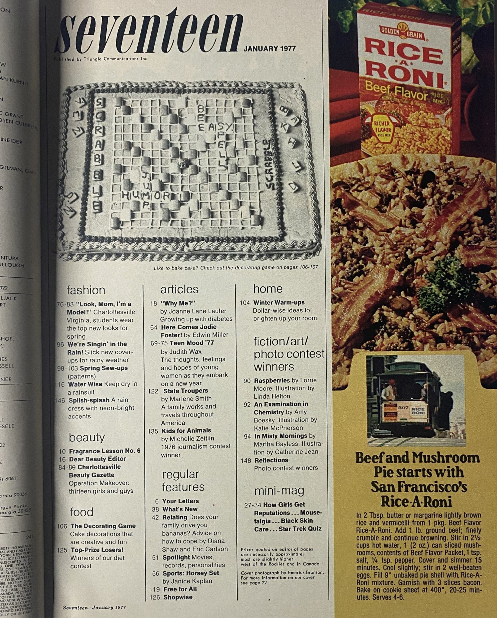 Inside spread from Seventeen Magazine January 1977 showcasing table of contents and features including fashion, beauty, and articles.