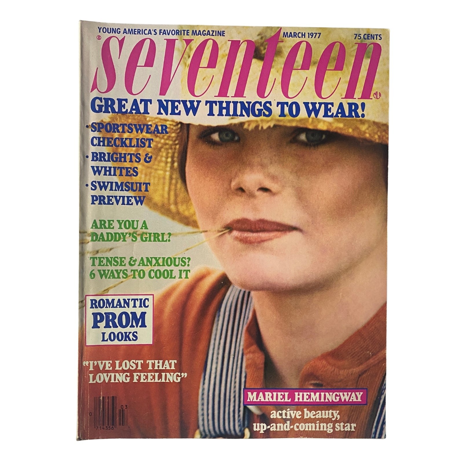 Cover of Seventeen Magazine March 1977 featuring Mariel Hemingway, highlighted with text about prom fashion, beauty, and spring wardrobe tips.