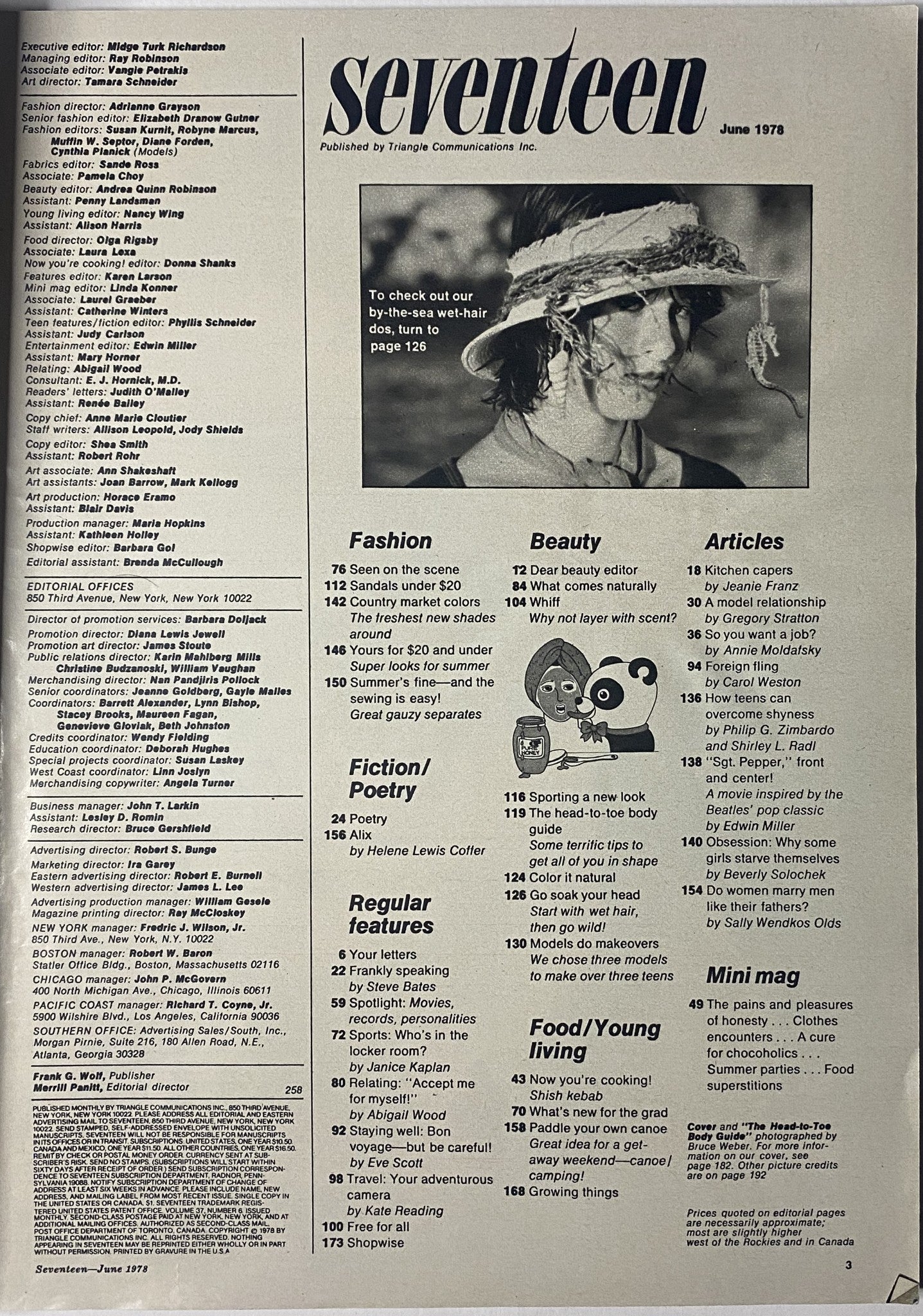 Table of Contents page from Seventeen Magazine June 1978 - Big Beauty Issue, outlining articles on fashion, beauty, fiction, and regular features.