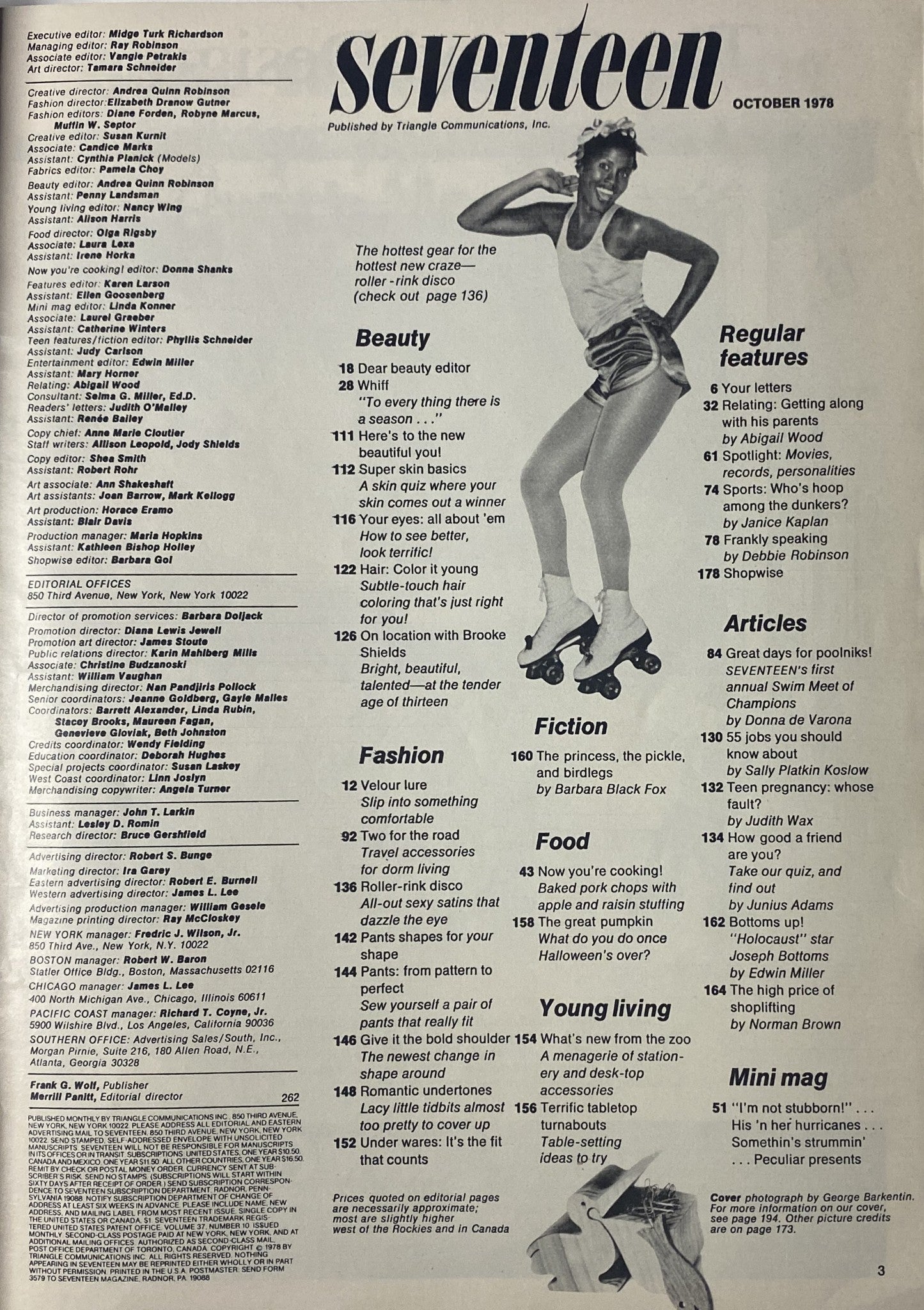 Table of contents for Seventeen Magazine October 1978, including features on beauty, fashion, and articles relevant to teenagers.