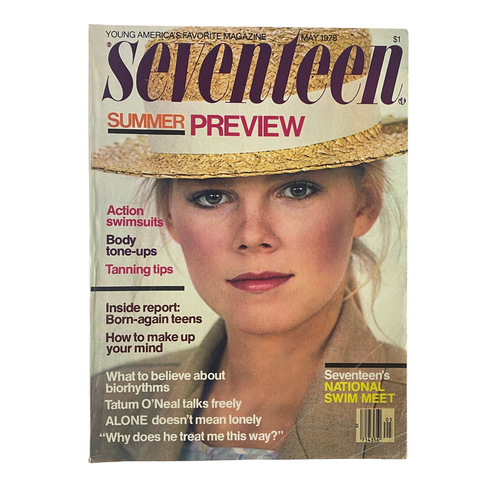 Cover of Seventeen Magazine May 1978 featuring a blonde model in a straw hat, highlighting summer fashion, swimming previews, and articles including Tatum O'Neal's interview.