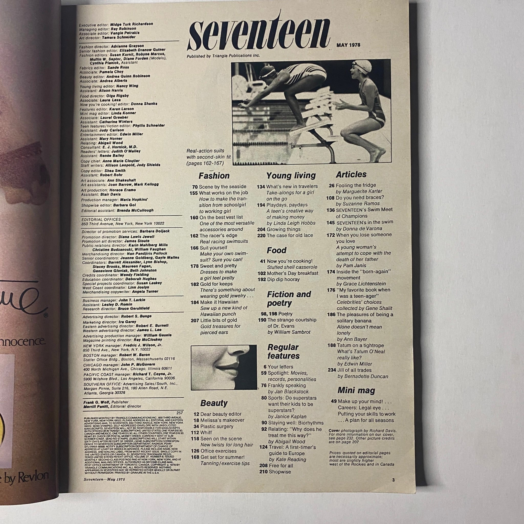 Table of contents for Seventeen Magazine May 1978, listing features on fashion, beauty, articles, and regular features including National Swim Meet details.