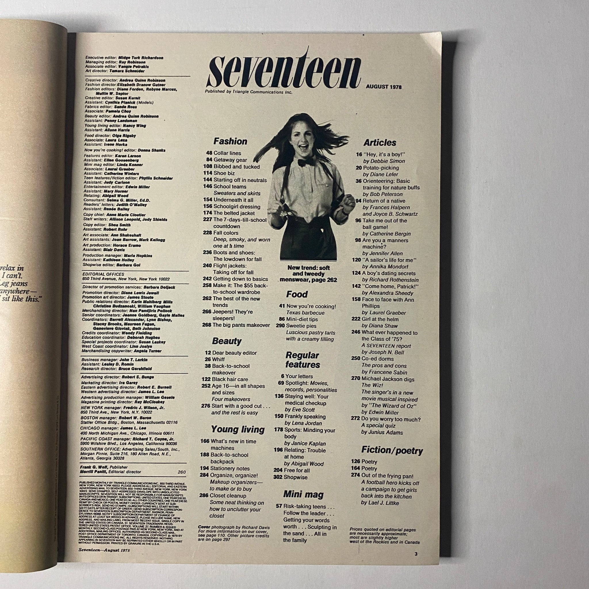 Inside page of Seventeen Magazine August 1978 Back-to-School Issue with the table of contents listing fashion, beauty, and article features.