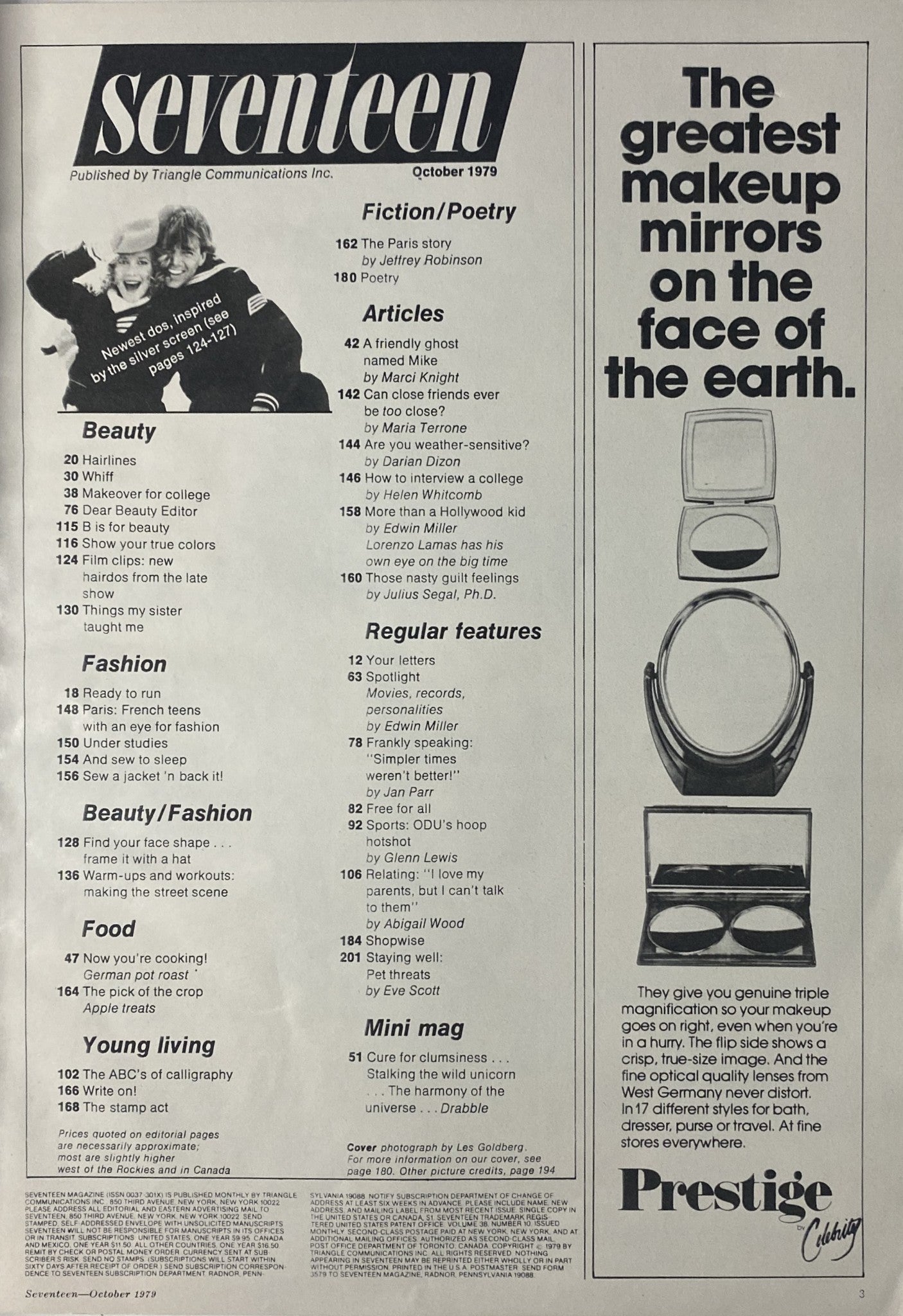 Seventeen Magazine October 1979 issue featuring the Table of Contents with topics such as Beauty, Food, and Fiction/Poetry, showcasing a vintage aesthetic. The magazine is titled 'Seventeen Magazine October 1979 - The ABC's of Calligraphy'.