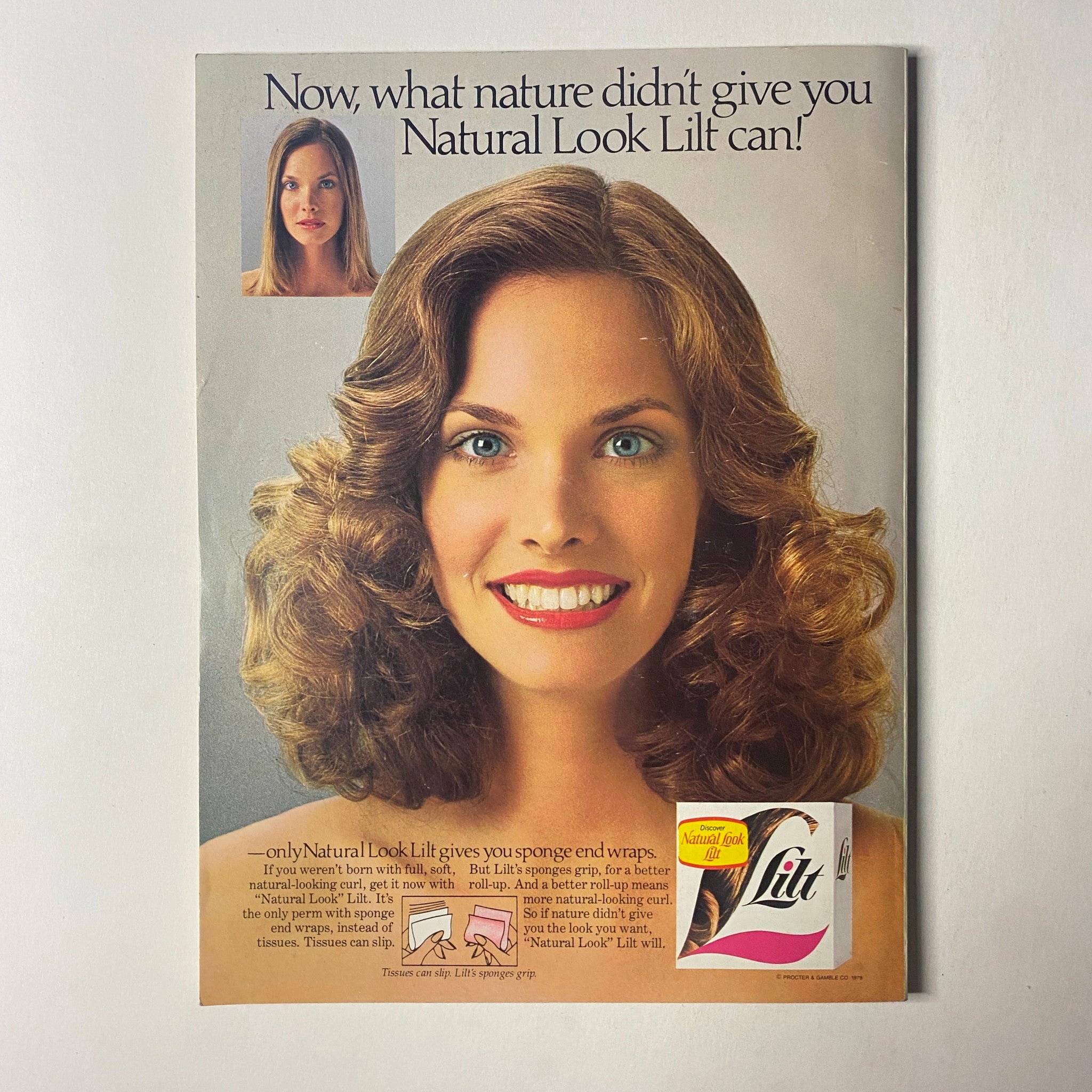 Advertisement for Natural Look Lilt hair product from Seventeen Magazine October 1979, featuring a model with curly hair and a cheerful smile. The ad emphasizes the ability of Natural Look Lilt to enhance hair style.