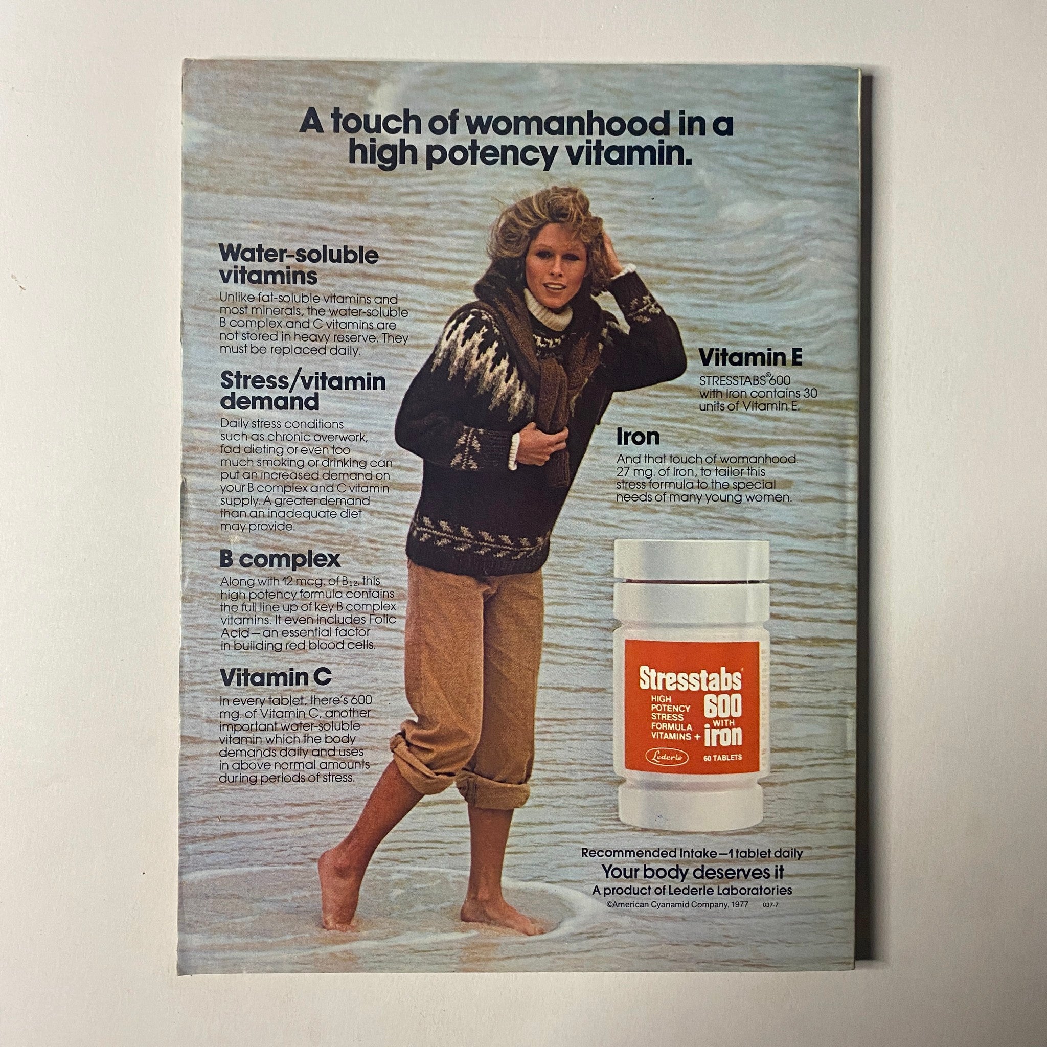 Vintage advertisement for Stresstabs vitamins featuring a young woman in a fashion sweater standing by water, highlighted in Seventeen Magazine March 1979 issue titled 'Feminine Intuition: Fact or Fiction?'. The ad promotes womanhood and essential vitamins including B complex, Vitamin E, Iron, and Vitamin C.