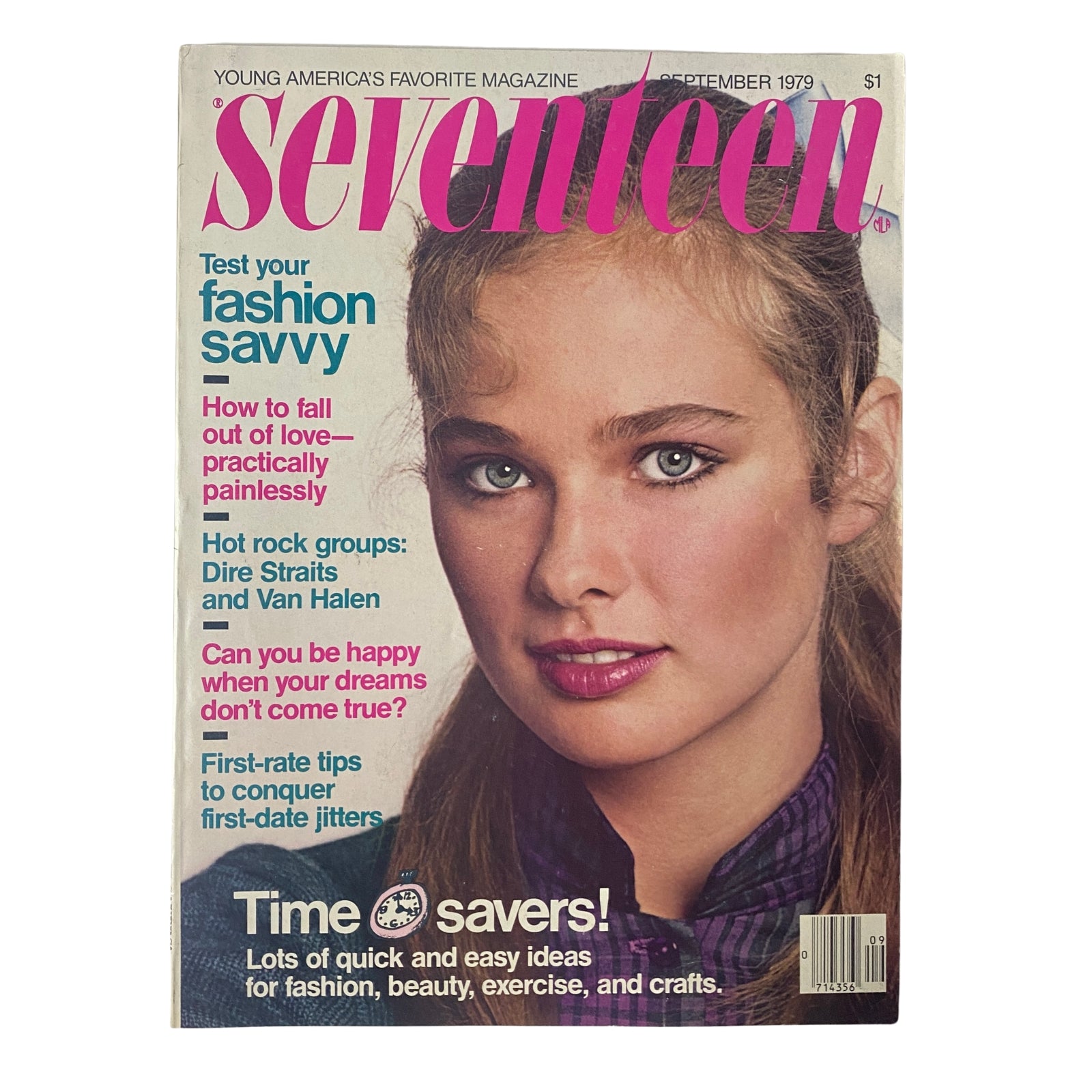 Seventeen Magazine September 1979 cover featuring a model with striking blue eyes, promoting the theme 'Test your fashion savvy' and highlighting articles on love, dreams, and first-date tips.