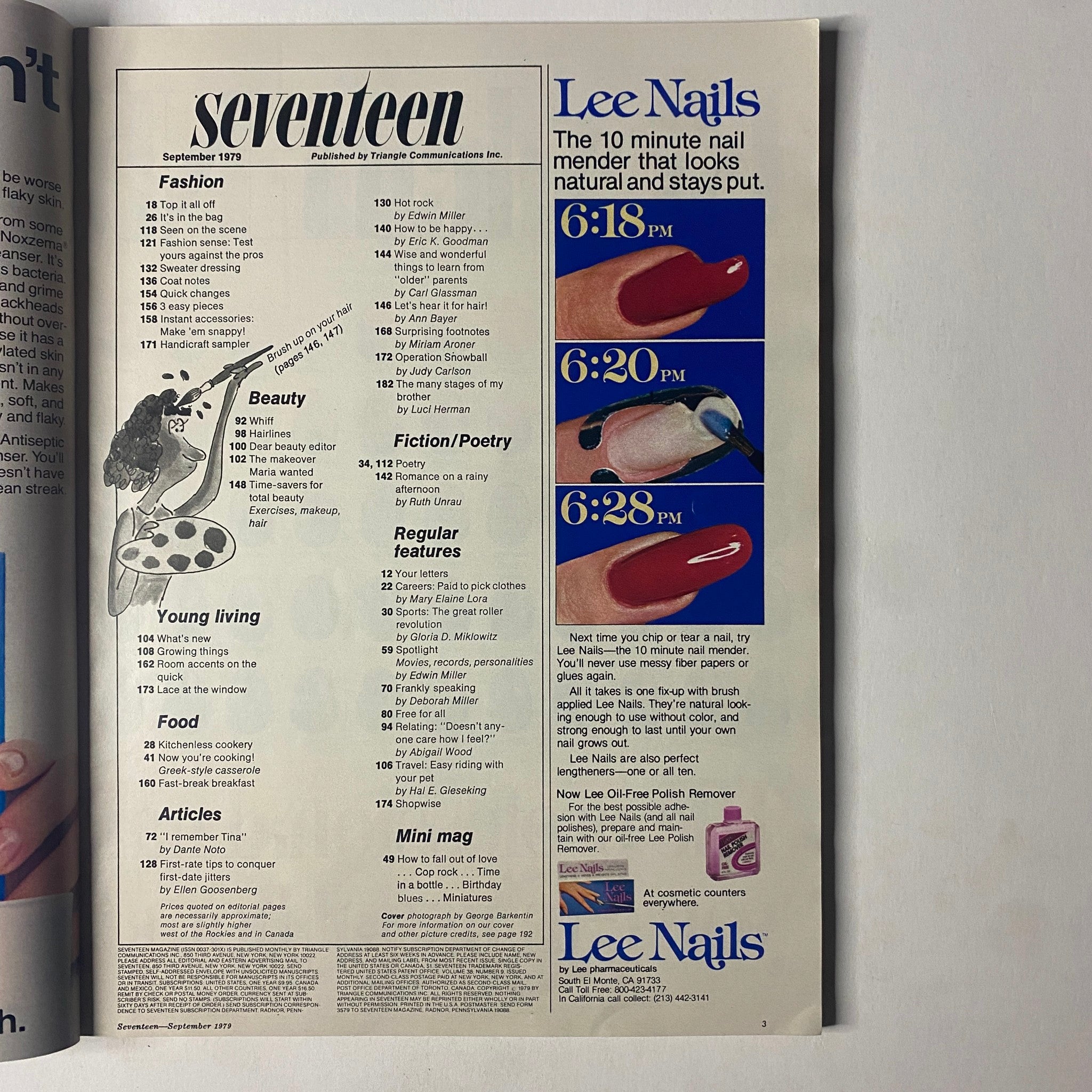 Table of Contents page from Seventeen Magazine September 1979, outlining sections on Fashion, Beauty, Young Living, and features like Fiction and Regular features.