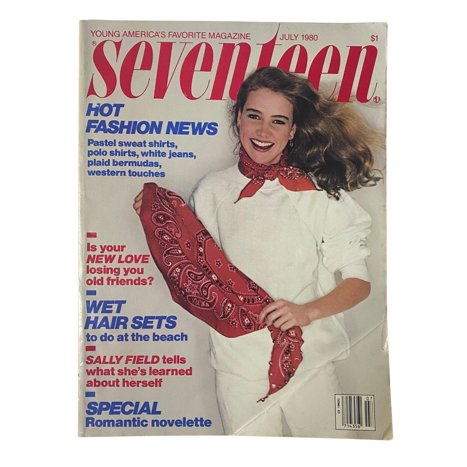 Cover of Seventeen Magazine July 1980 featuring a young model in a white outfit with a red bandana, highlighting fashion news and a feature on Sally Field.