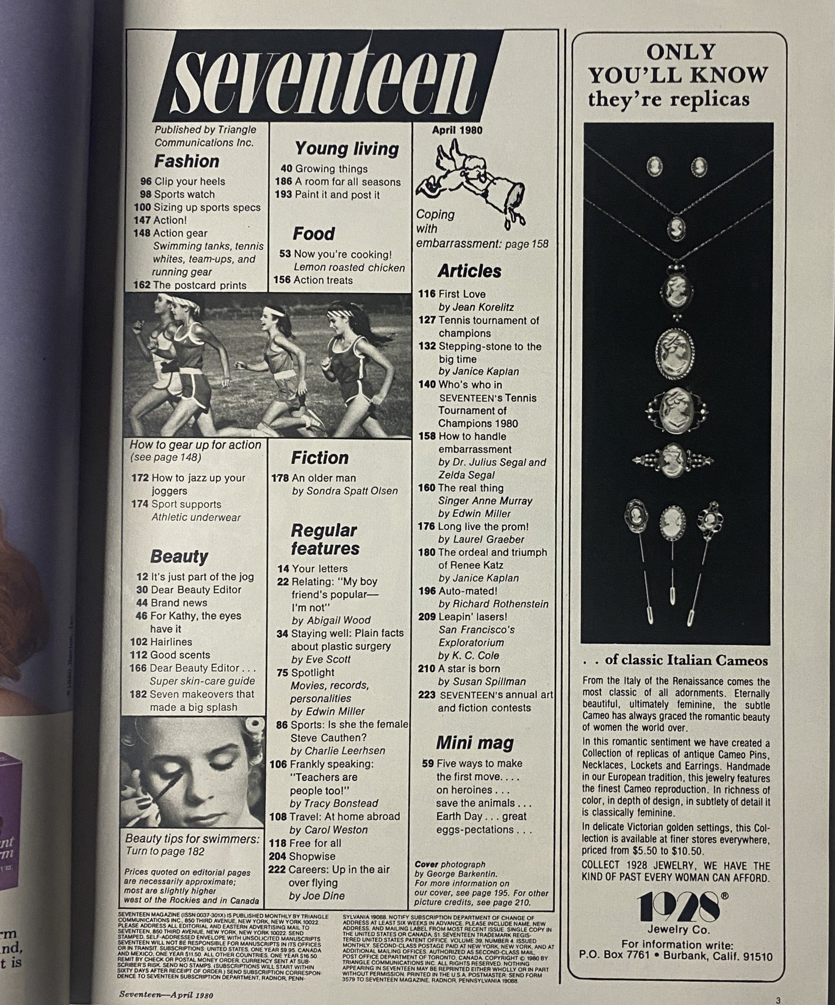 Seventeen Magazine April 1980 featuring articles on fashion, beauty, and relationships, including 'How To Make Him Notice You'. Table of Contents visible with sections on Food, Fiction, Articles, and Mini Mag.