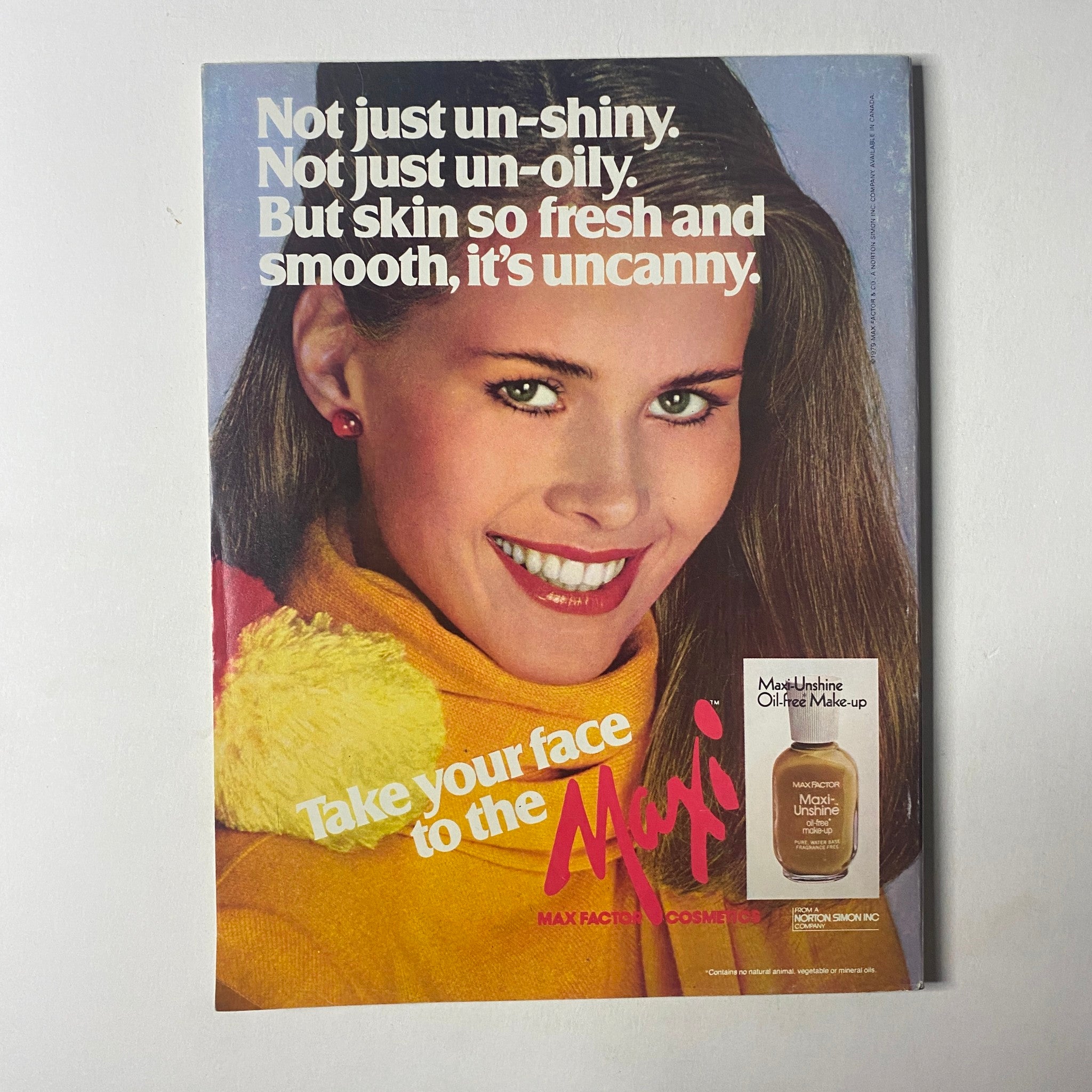 Vintage advertisement for Max Factor cosmetics from Seventeen Magazine April 1980, promoting fresh and smooth skin with the tagline 'Take your face to the Maxi'.