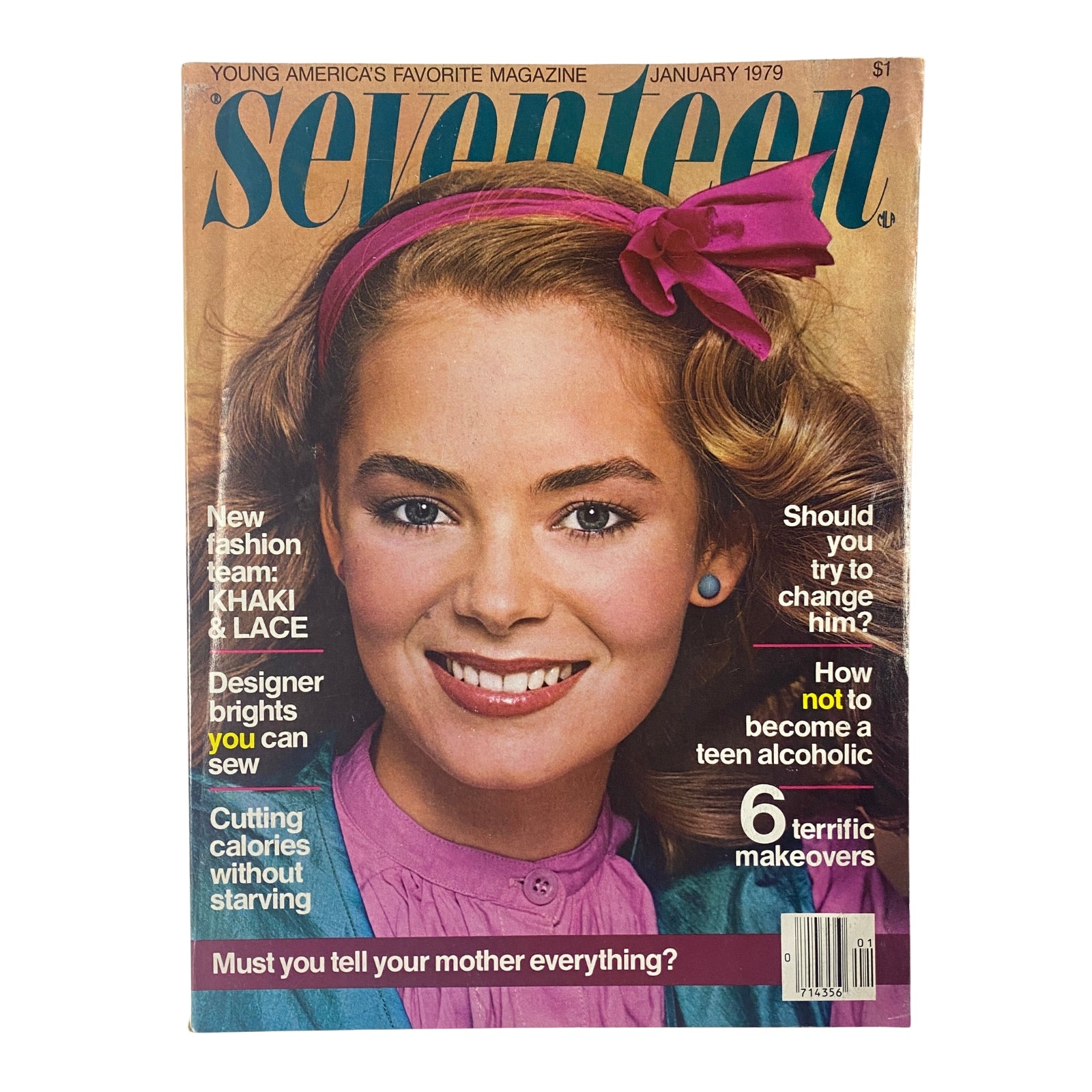 Cover of Seventeen Magazine January 1979 featuring a model with a pink bow in her hair, showcasing the title, 'Seventeen Magazine January 1979 Billy Joel Feature No Label VG'.