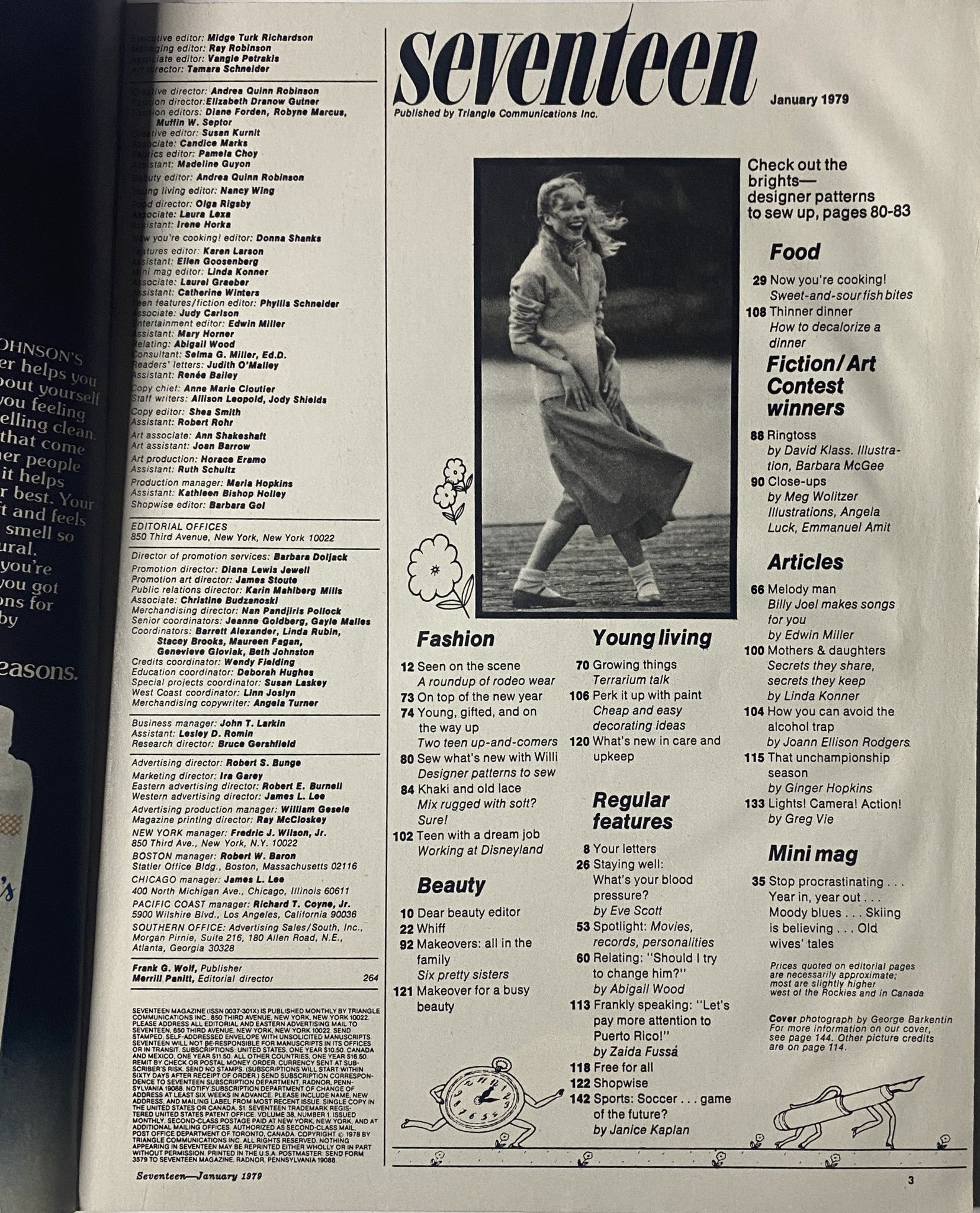 Table of contents page from Seventeen Magazine January 1979, listing articles including fashion and beauty features, under the title 'Seventeen Magazine January 1979 Billy Joel Feature No Label VG'.
