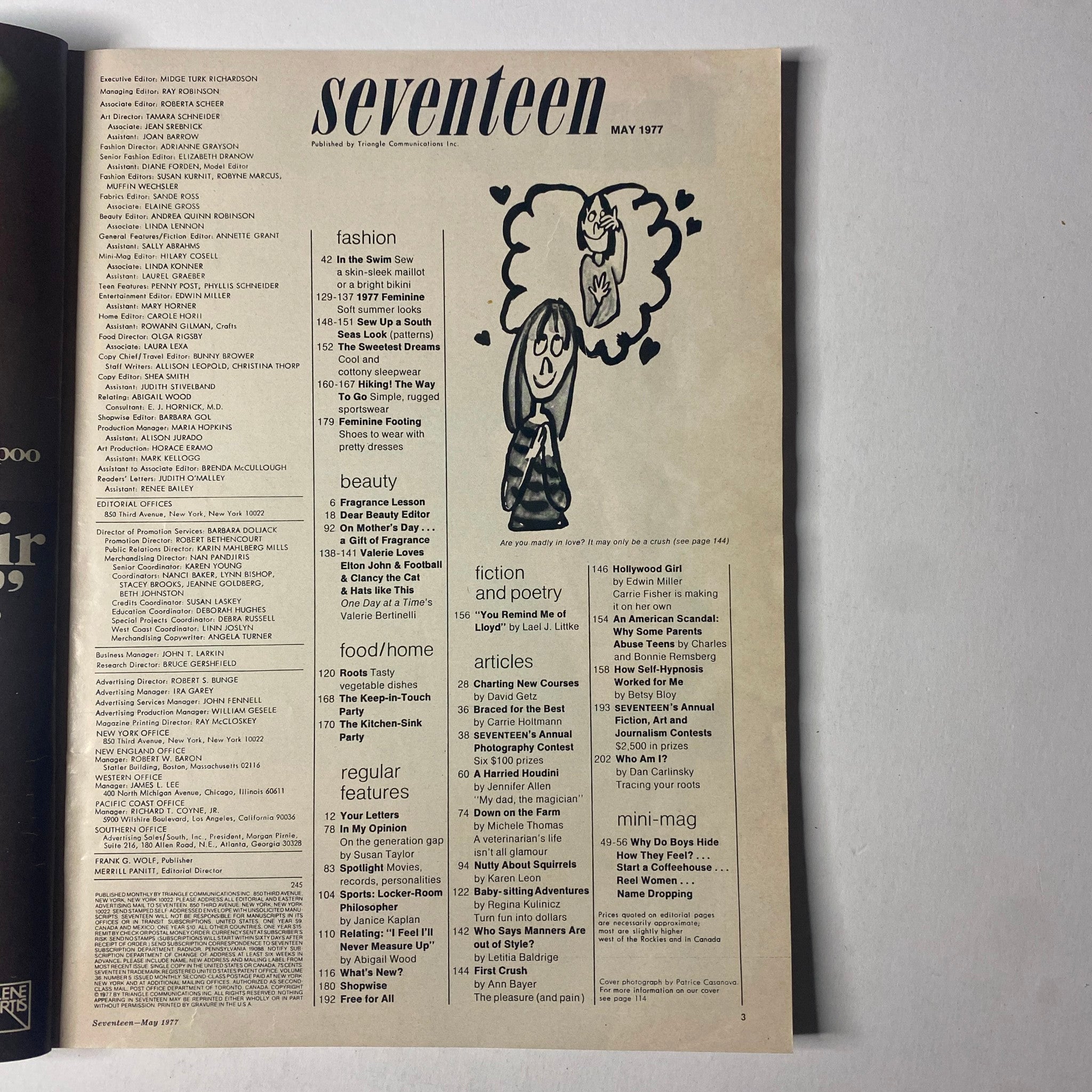 Inside page from Seventeen Magazine May 1977 showcasing the table of contents with sections on fashion, beauty, articles, and regular features.