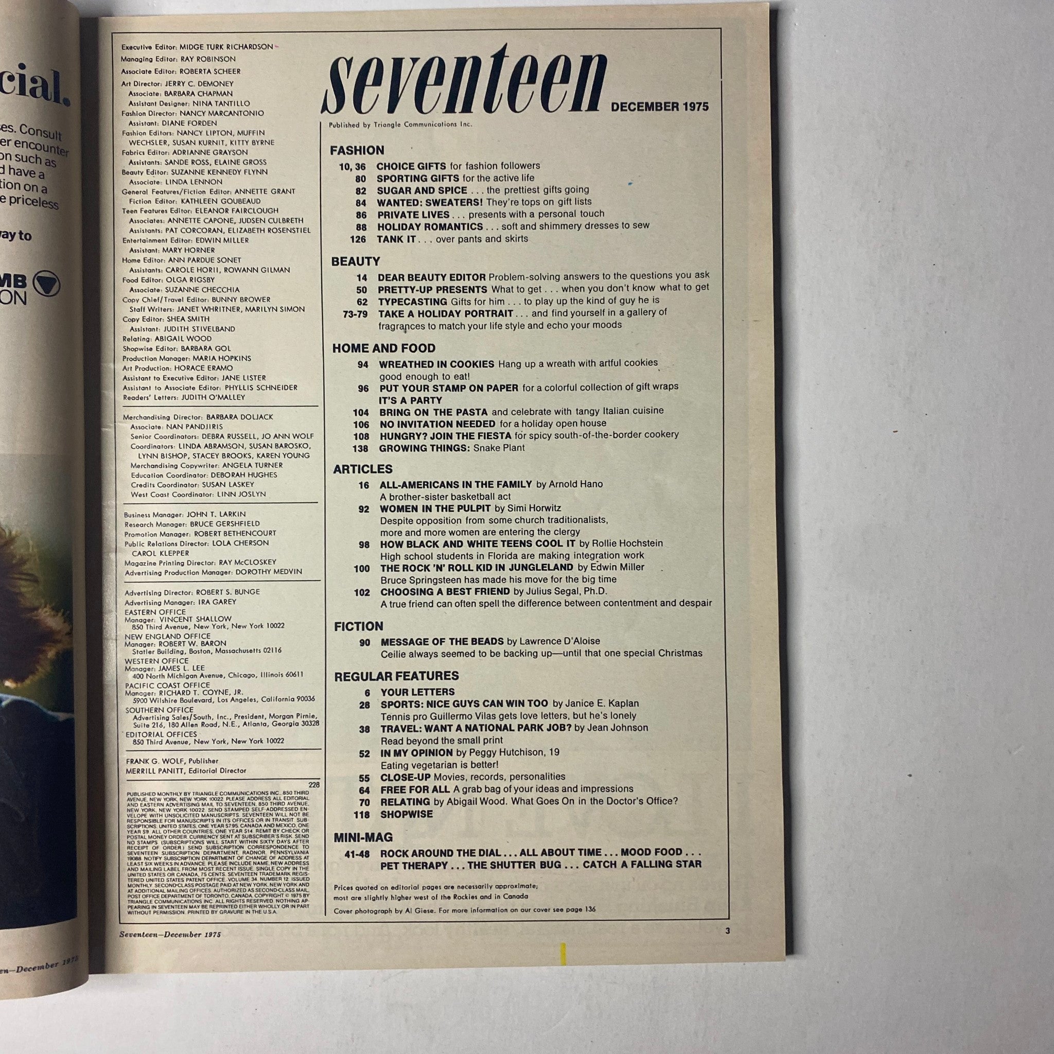 Table of Contents from Seventeen Magazine December 1975 Happy Holiday Issue, listing articles and features on fashion, beauty, home and food, and holiday-themed content.