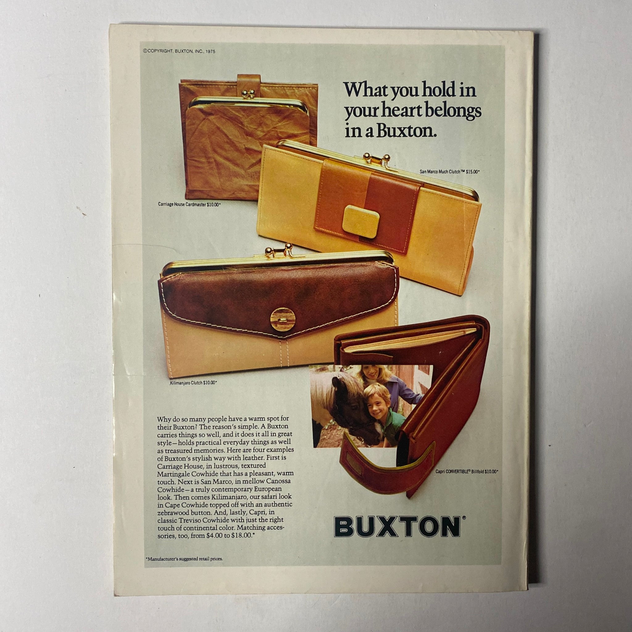 Seventeen Magazine December 1975 Happy Holiday Issue featuring a vintage advertisement for Buxton wallets showcasing various styles including a cream and brown wallet, a gold wallet, and a brown clutch, emphasizing fashion and gift ideas for the holiday season.