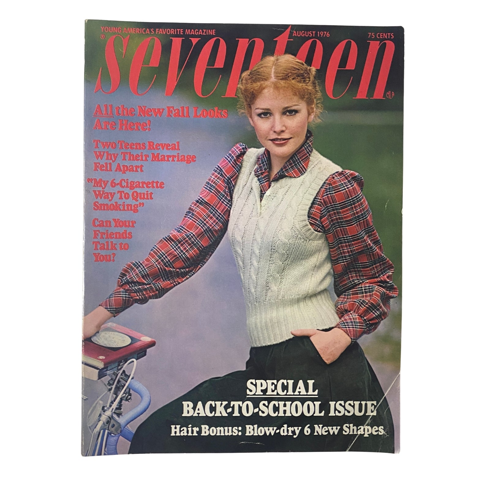 Cover of Seventeen Magazine August 1976 Special Back-to-School Issue featuring a model in a plaid shirt and knitted vest, highlighting fall fashion trends and lifestyle advice for teenagers.