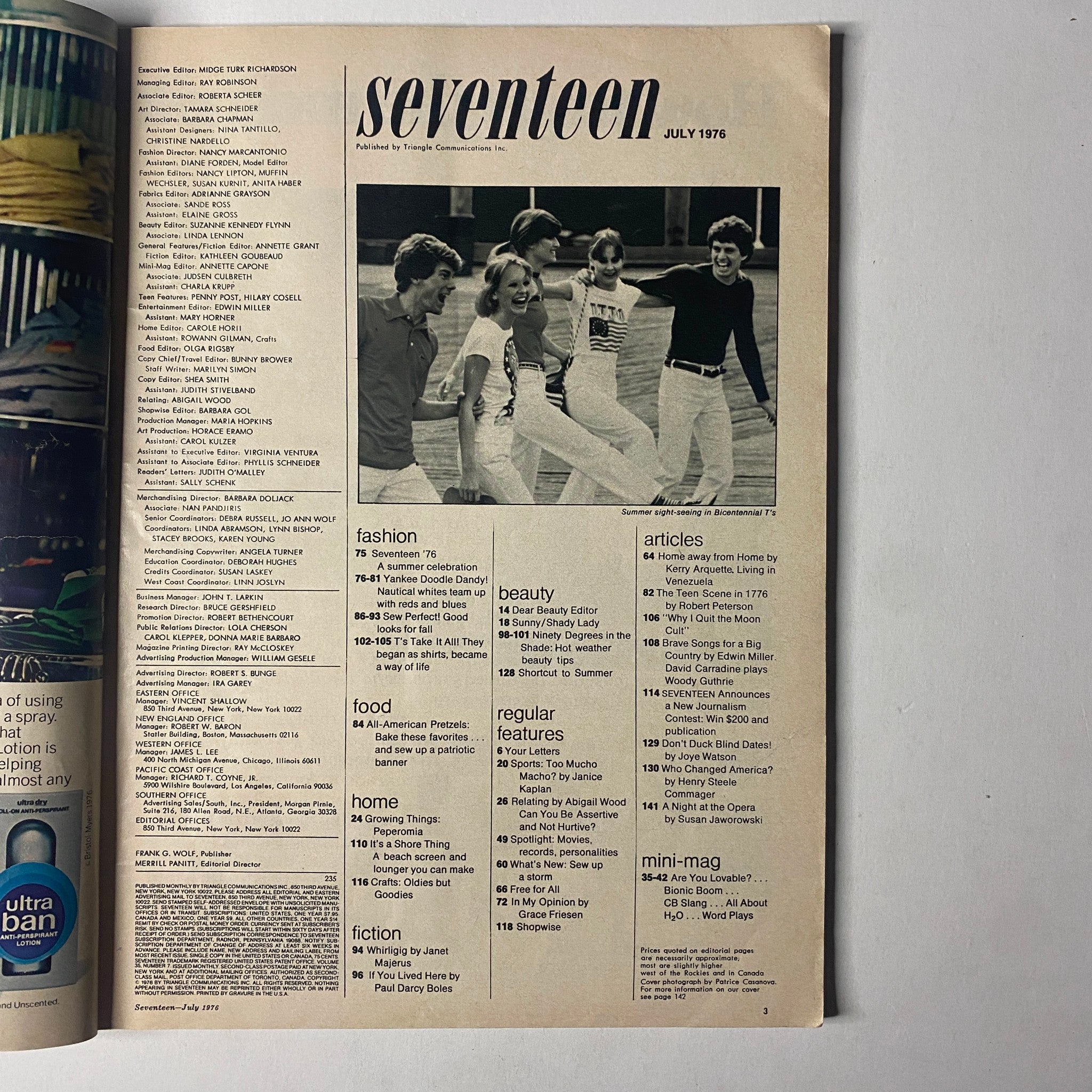 Seventeen Magazine July 1976 featuring a fashion spread with models in summer attire, promoting hot weather beauty tips.