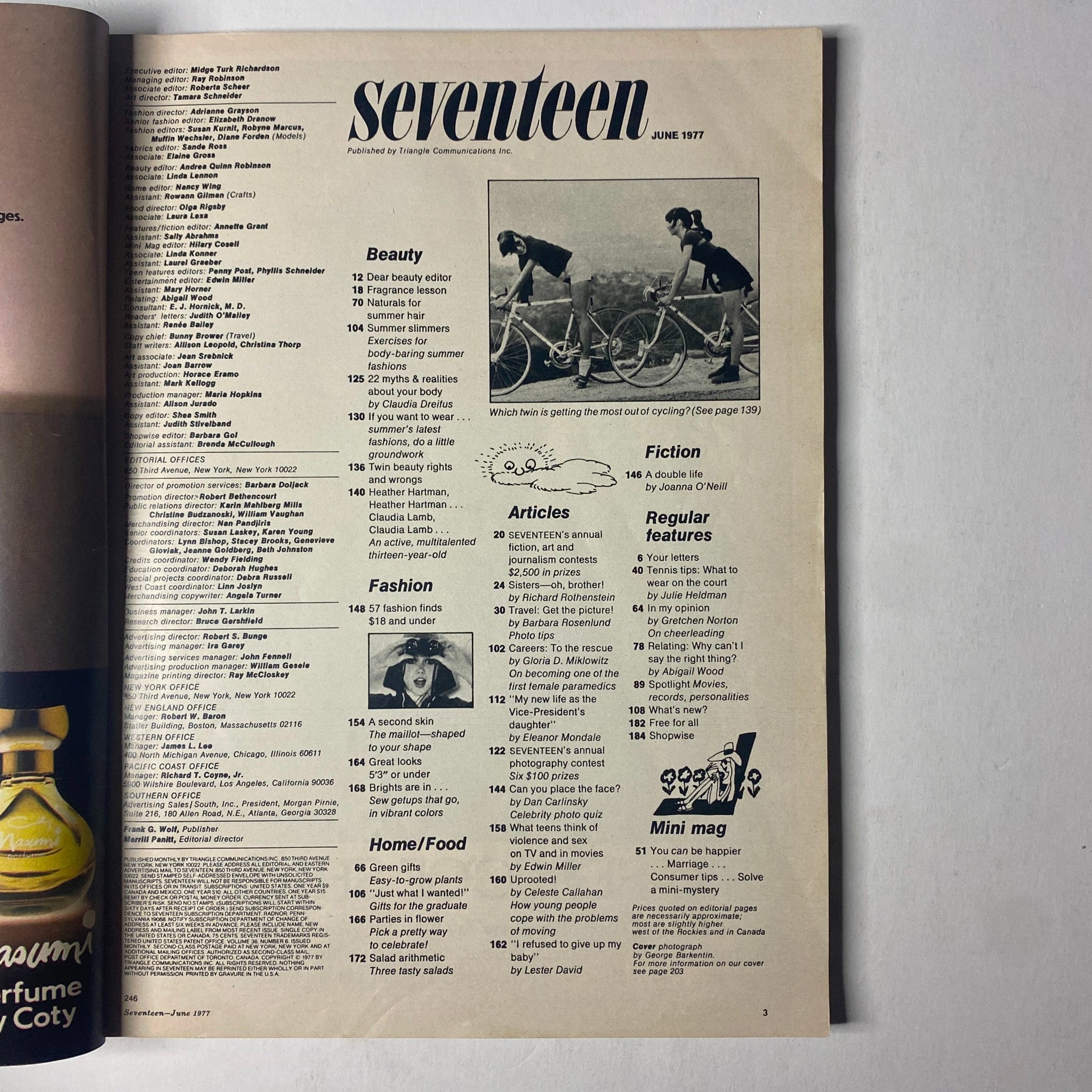 Table of contents page from Seventeen Magazine June 1977. This page lists articles on beauty, fashion, home/food, and fiction, including features by Eleanor Mondale and tips for summer.