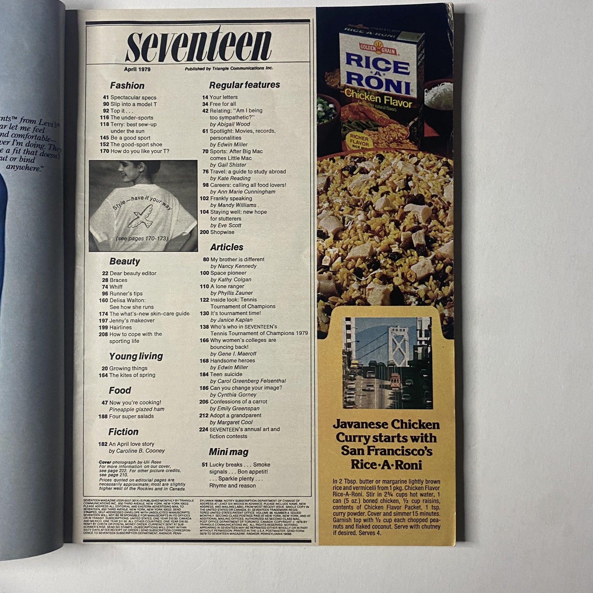Inside spread of the Seventeen Magazine April 1979 showcasing the table of contents and food features, including a recipe for Javanese Chicken Curry with Rice-A-Roni.
