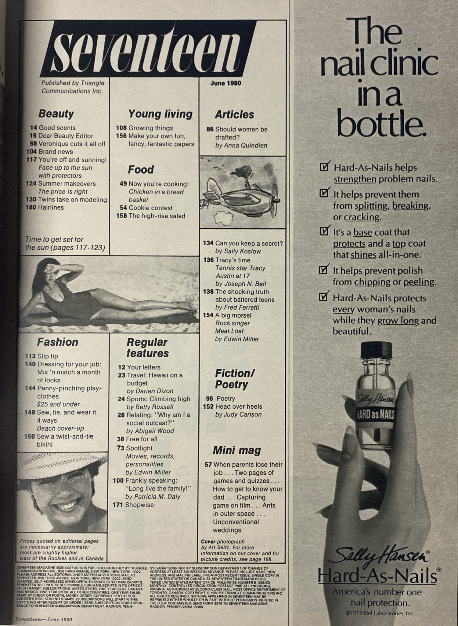 Interior spread of Seventeen Magazine June 1980 showcasing articles on food, fashion, and lifestyle, including a nail care advertisement.
