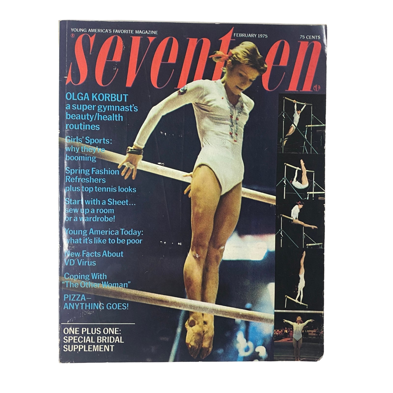 Cover of Seventeen Magazine February 1975 featuring Olga Korbut, an Olympic gymnast, showcasing beauty and health routines, gymnastics tips, and cultural commentary.