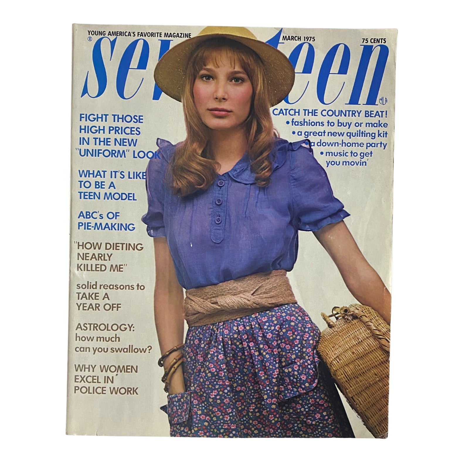 Seventeen Magazine March 1975 cover featuring a young woman in a blue top and straw hat, highlighting the new 'uniform' look and inviting readers to explore fashions and beauty for teens.