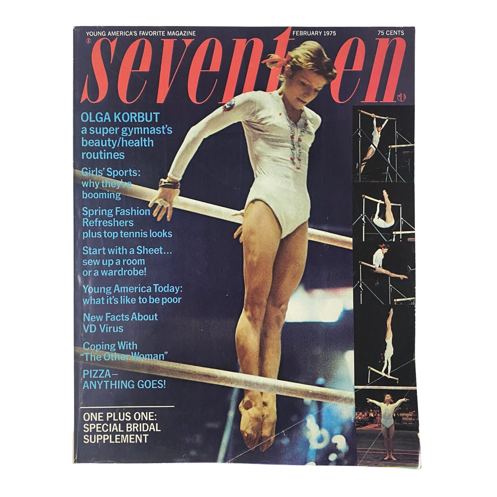Cover of Seventeen Magazine February 1975 featuring Olga Korbut, the super gymnast, highlighting beauty and health routines, gymnastics features, and cultural commentary.