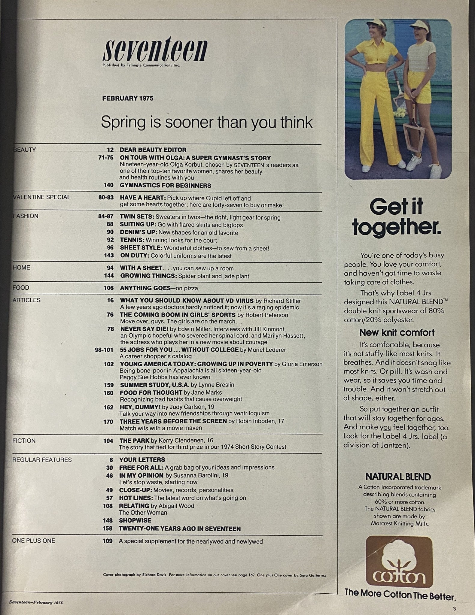 Table of contents from Seventeen Magazine February 1975 showcasing articles including Olga Korbut's beauty routines and health tips, spring fashion ideas, and social issues.