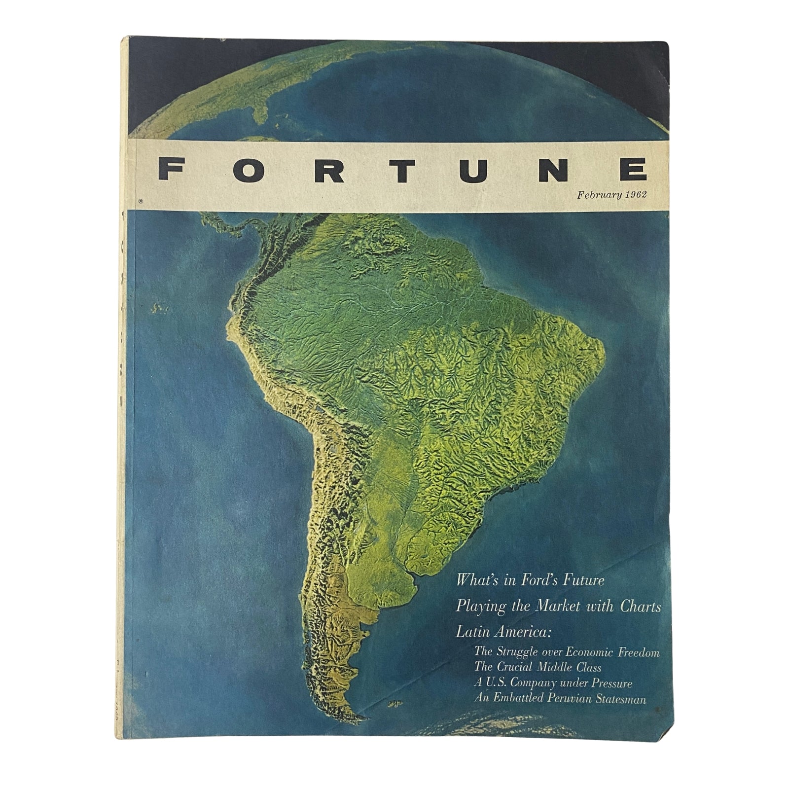 Fortune Magazine February 1962 cover featuring a map of Latin America, highlighting articles on economic issues and development in the region. The cover includes the title 'Fortune' and mentions key issues like Ford's future and economic struggles in Latin America.