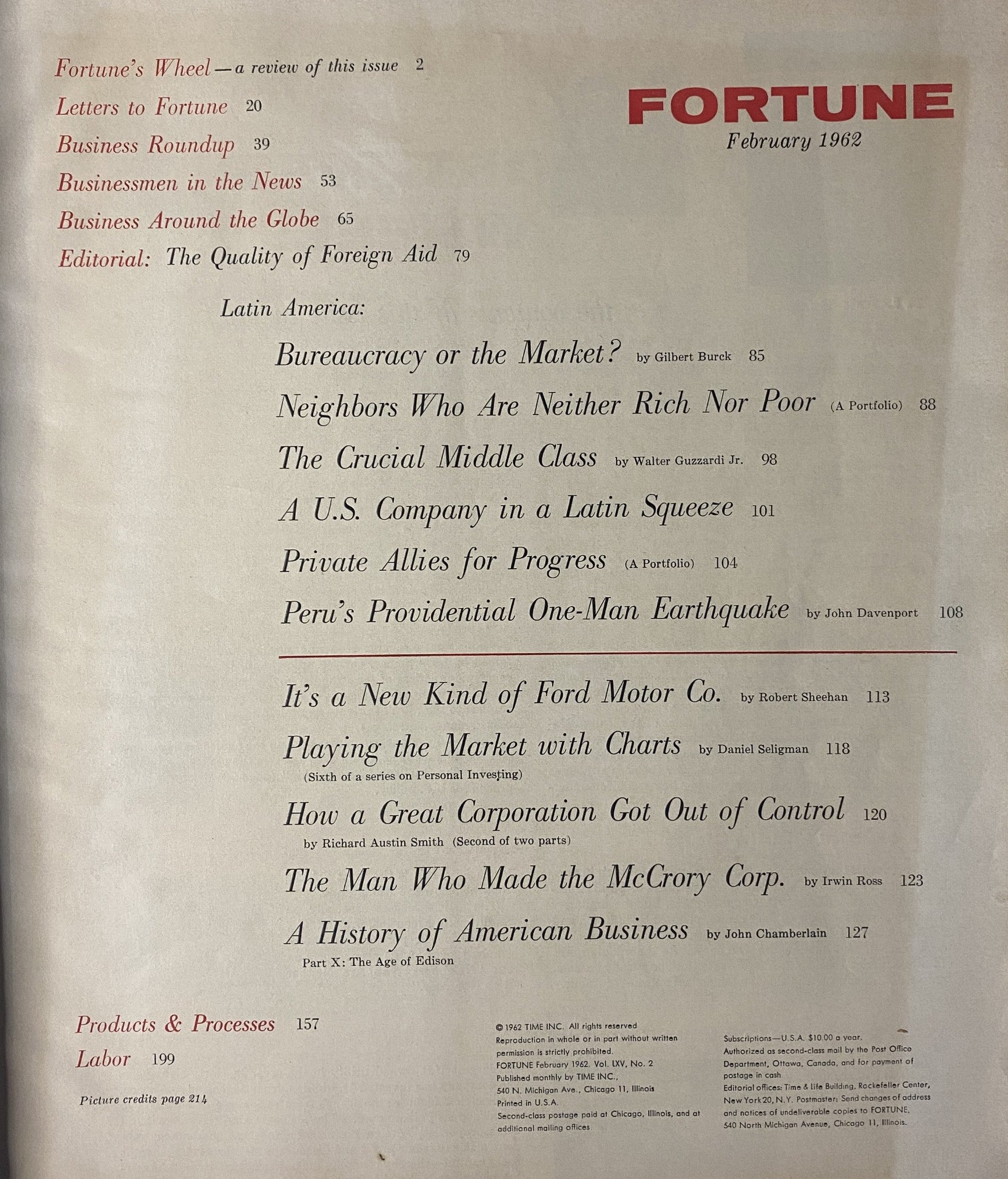 Inside page of Fortune Magazine February 1962 listing the contents, including articles on Latin America and its economic challenges. Highlights include studies on bureaucracy, the middle class, and U.S. corporate influences in the region.