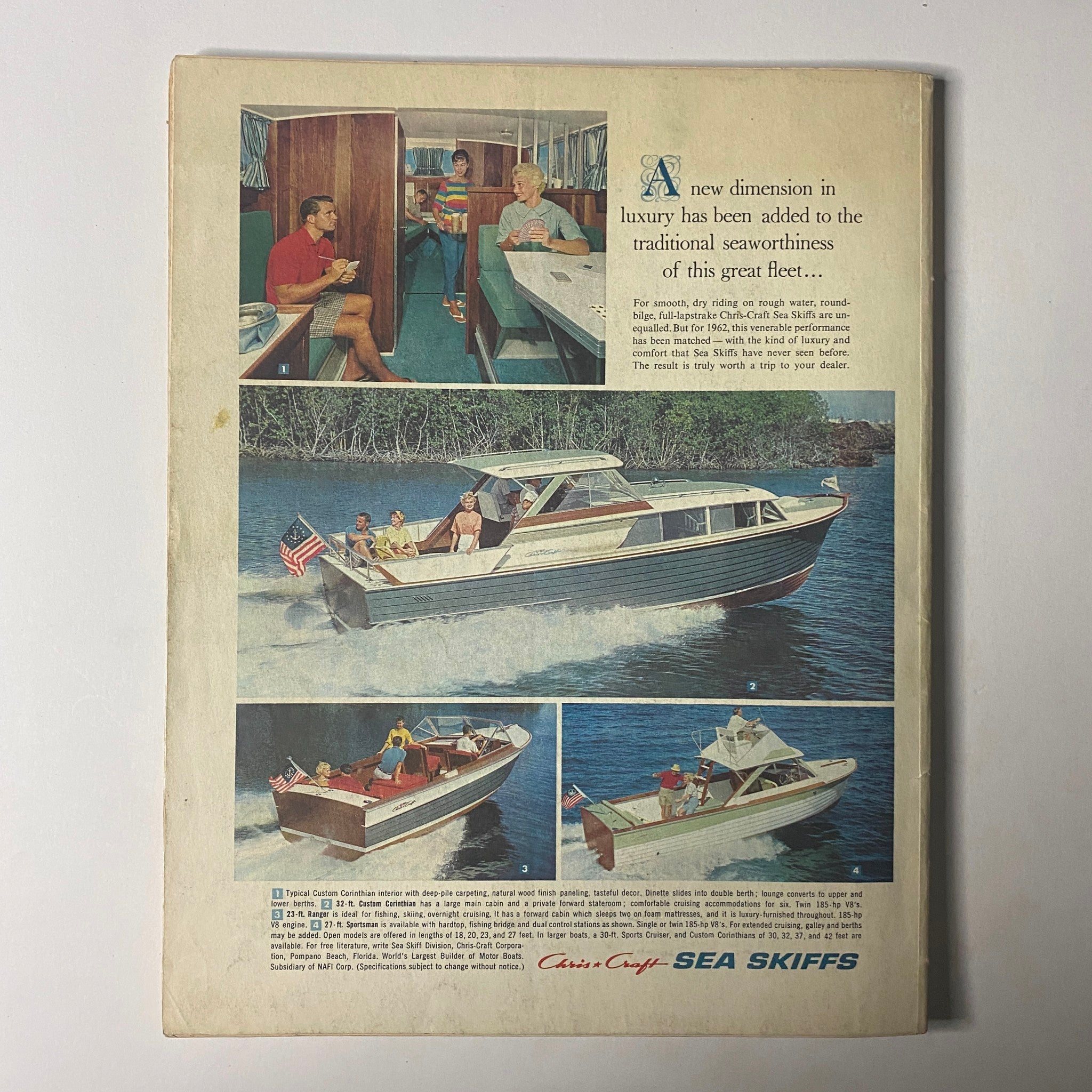 The back cover of Fortune Magazine February 1962 featuring a promotional advertisement for Chris Craft Sea Skiffs boats, showcasing images of luxurious boats and people enjoying leisure time on the water.