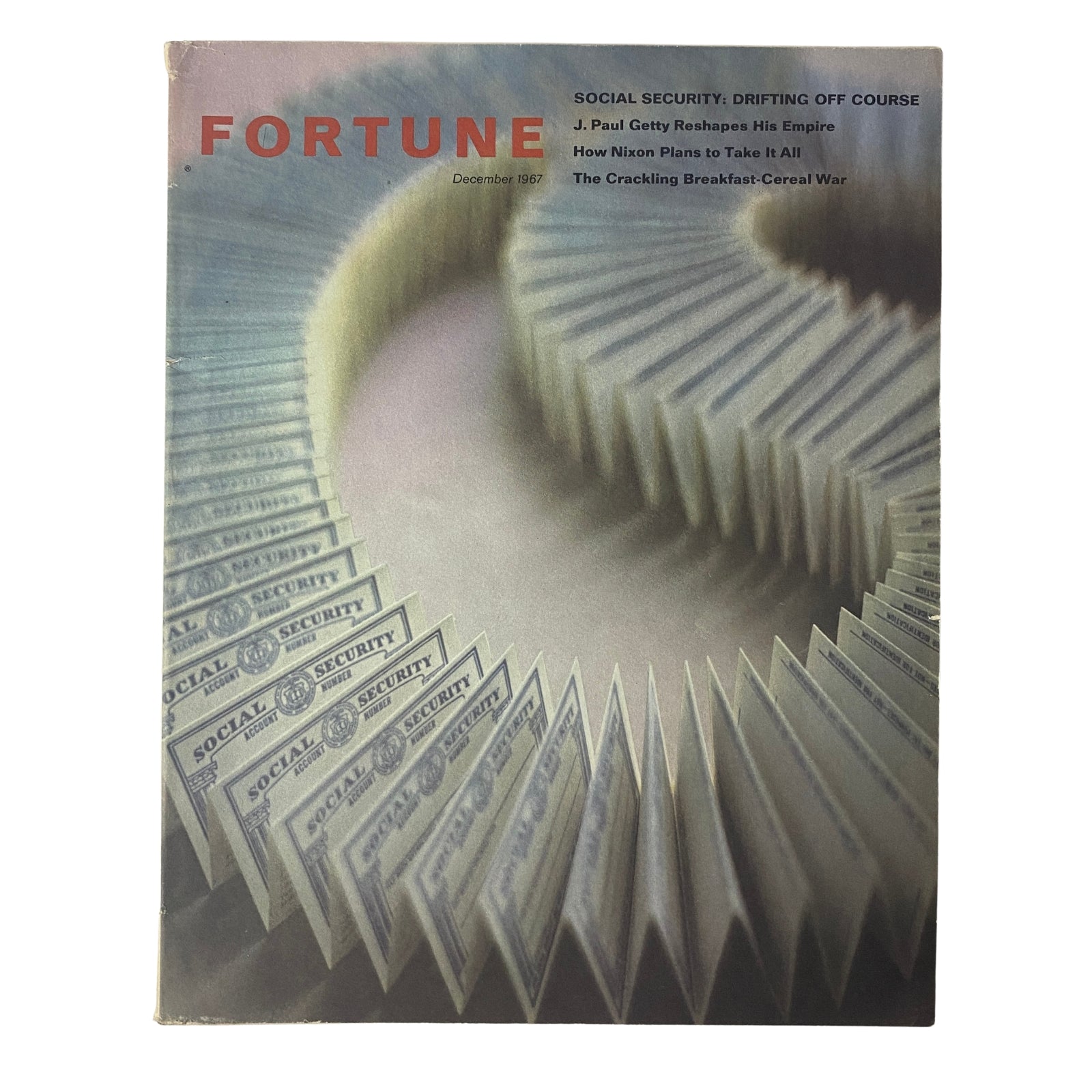 Fortune Magazine December 1967 cover featuring the title 'Social Security: Drifting Off Course', highlighting key articles including insights on J. Paul Getty's empire and Nixon's plans.