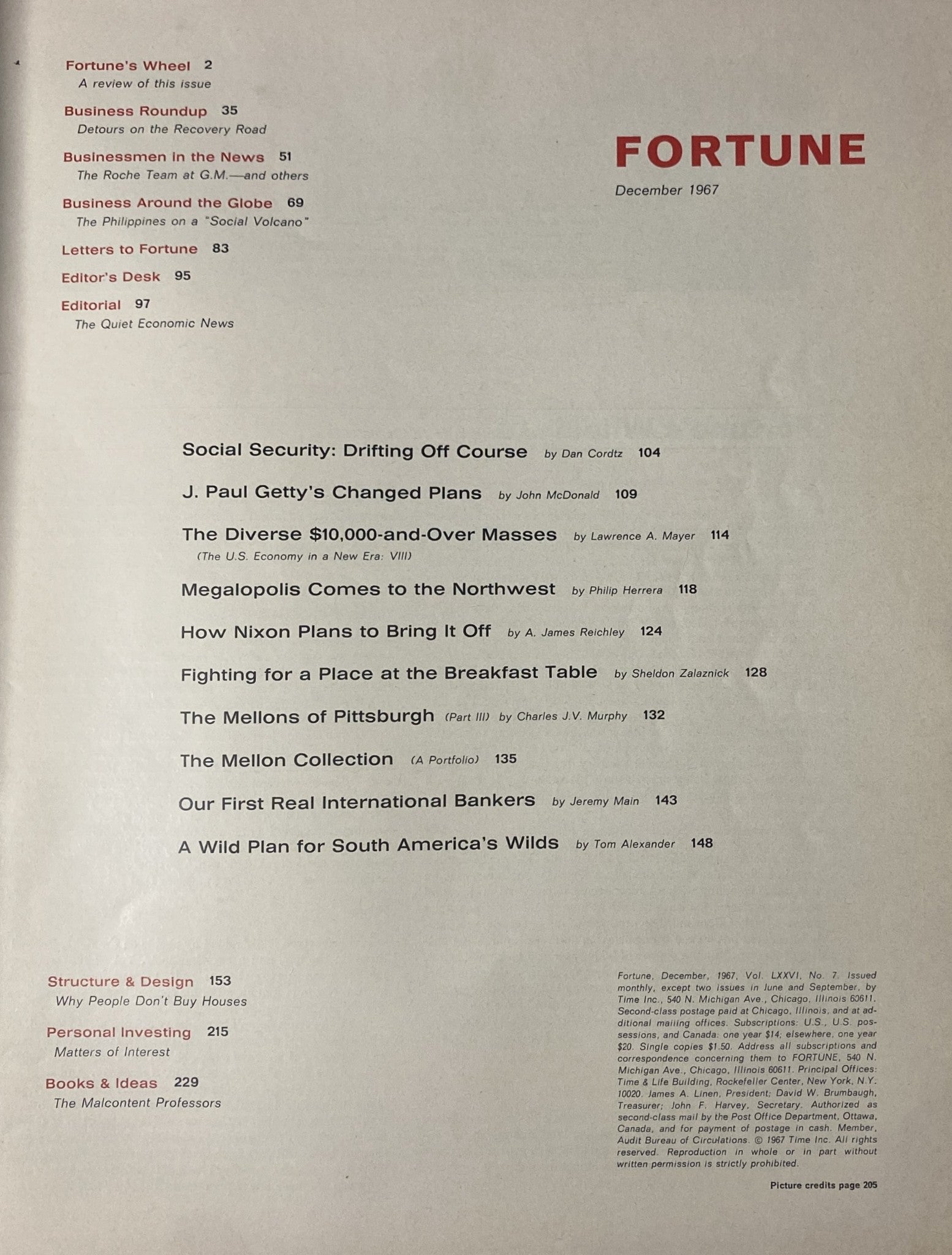Contents page of Fortune Magazine December 1967 detailing articles such as 'Social Security: Drifting Off Course' by Dan Cordtz and 'J. Paul Getty’s Changed Plans'.