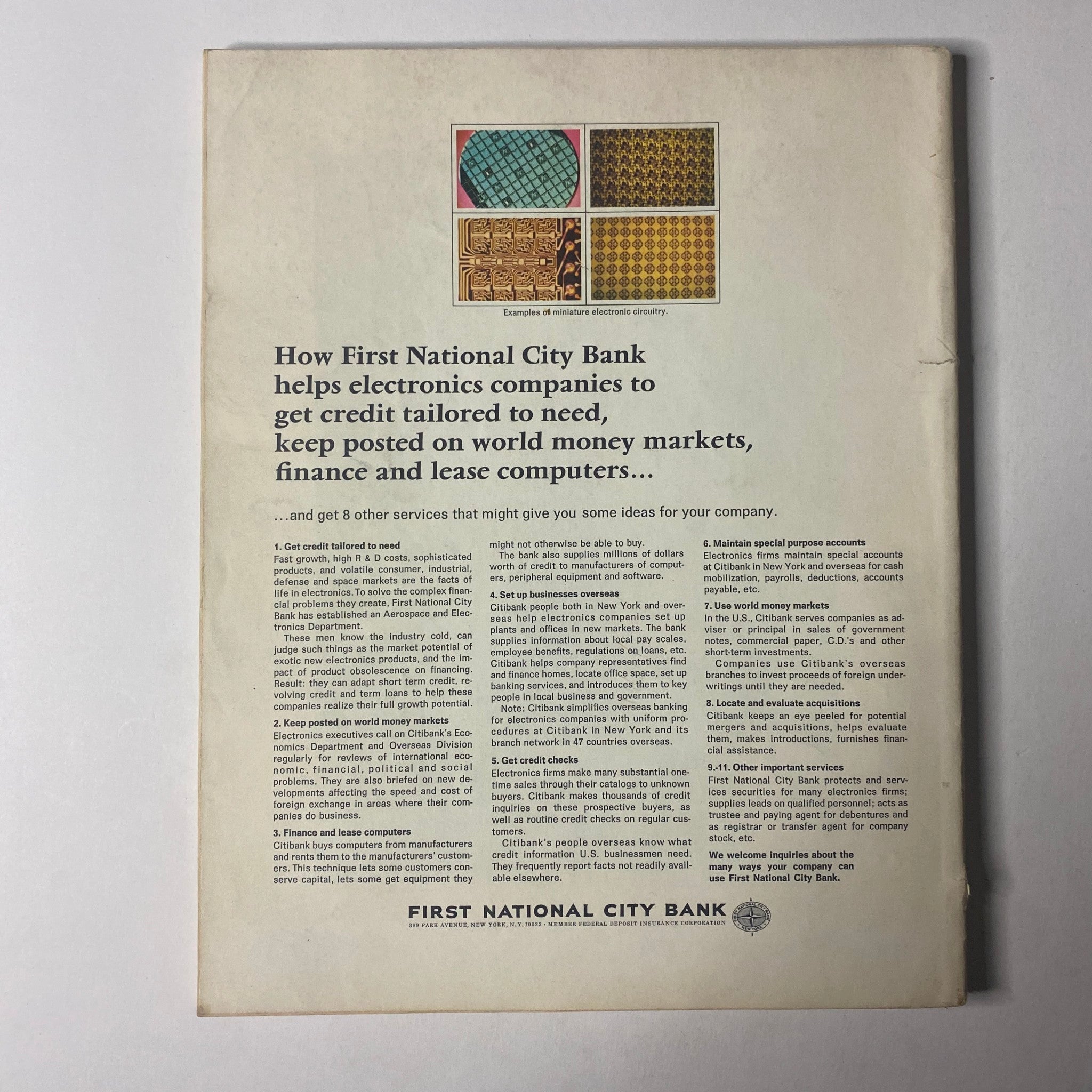 Back cover of Fortune Magazine December 1967 showcasing an advertisement for First National City Bank with information on tailored credit services for electronics companies.