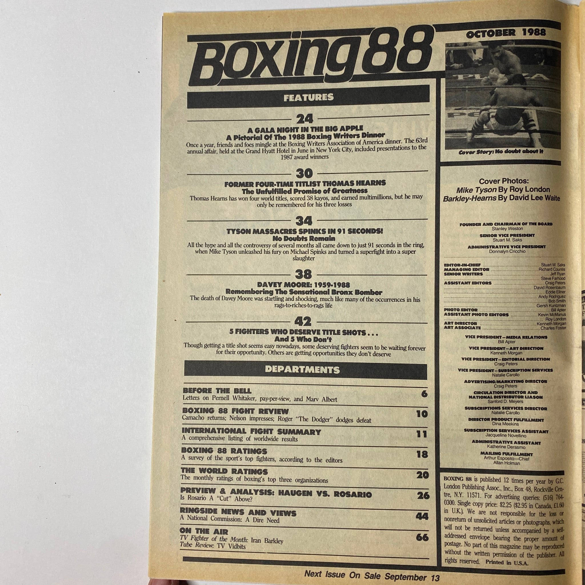 Inside page of Boxing 88 Magazine, October 1988, detailing features and articles including a tribute to Davey Moore and highlights from boxing events.