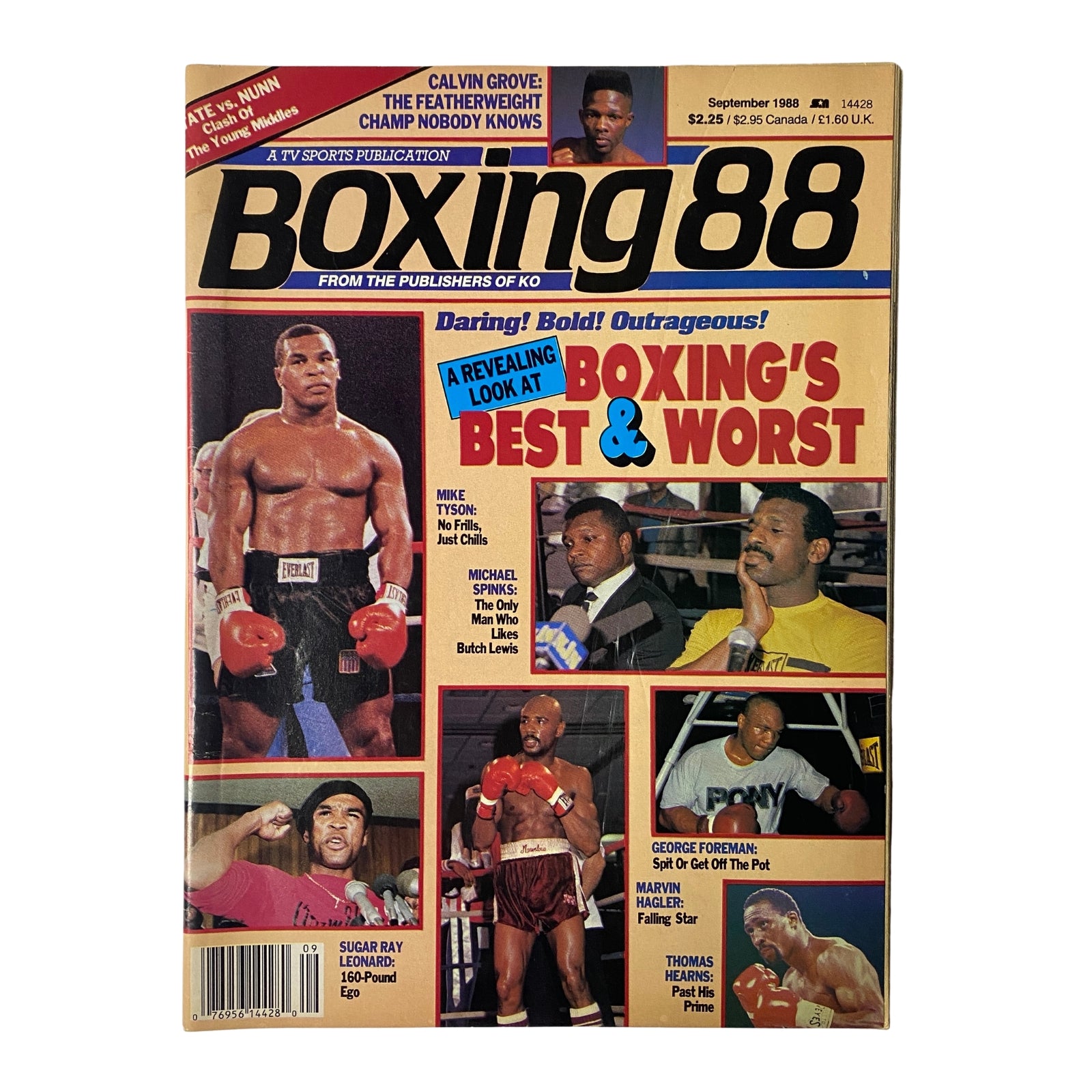 Cover of Boxing 88 Magazine, September 1988 featuring Mike Tyson and Michael Spinks. The magazine highlights 'Boxing's Best & Worst' with a bold design and includes profiles on Calvin Grove and discussions on boxing personalities. Ideal for collectors and boxing enthusiasts.