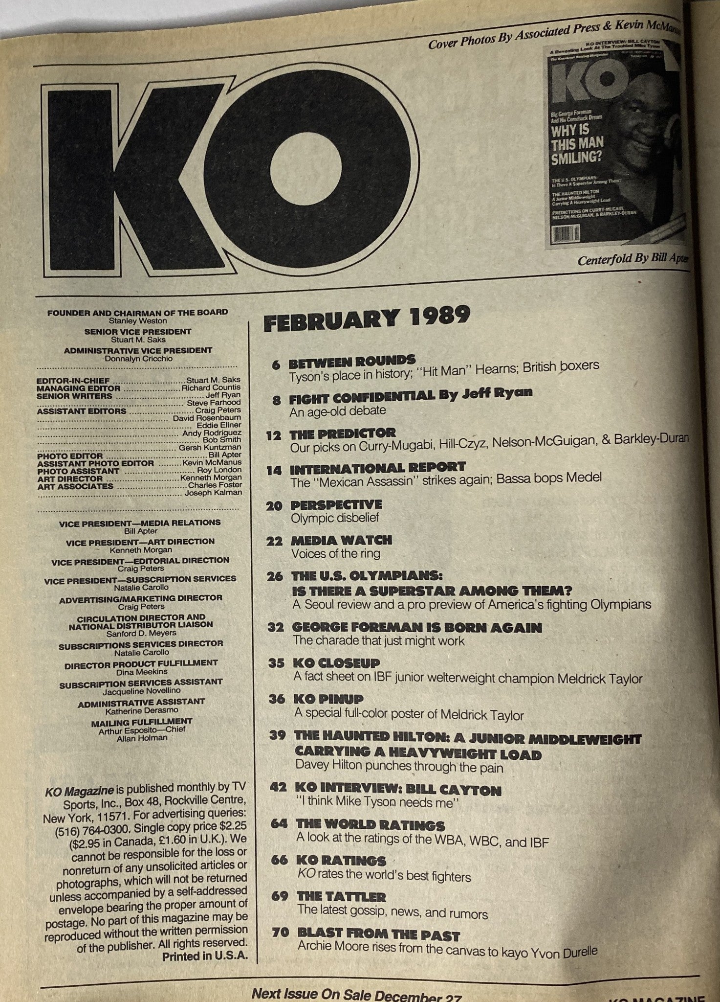 Inside page of KO Boxing Magazine February 1989, displaying contents featuring commentary, fight analysis, and articles on notable boxers like Mike Tyson, George Foreman, and Meldrick Taylor.