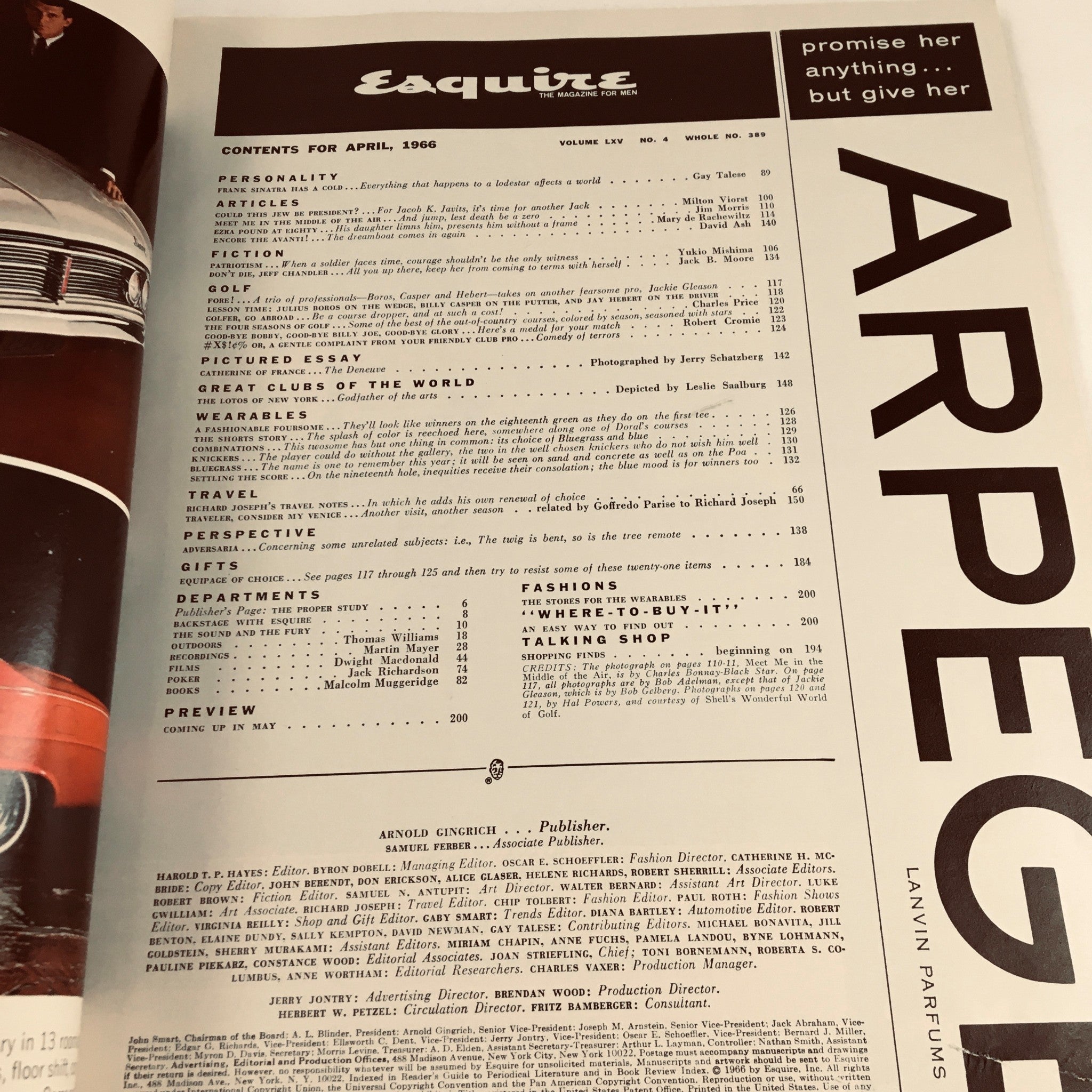 Contents page of Esquire Magazine, April 1966, listing various articles and features, including the notable essay on Frank Sinatra.