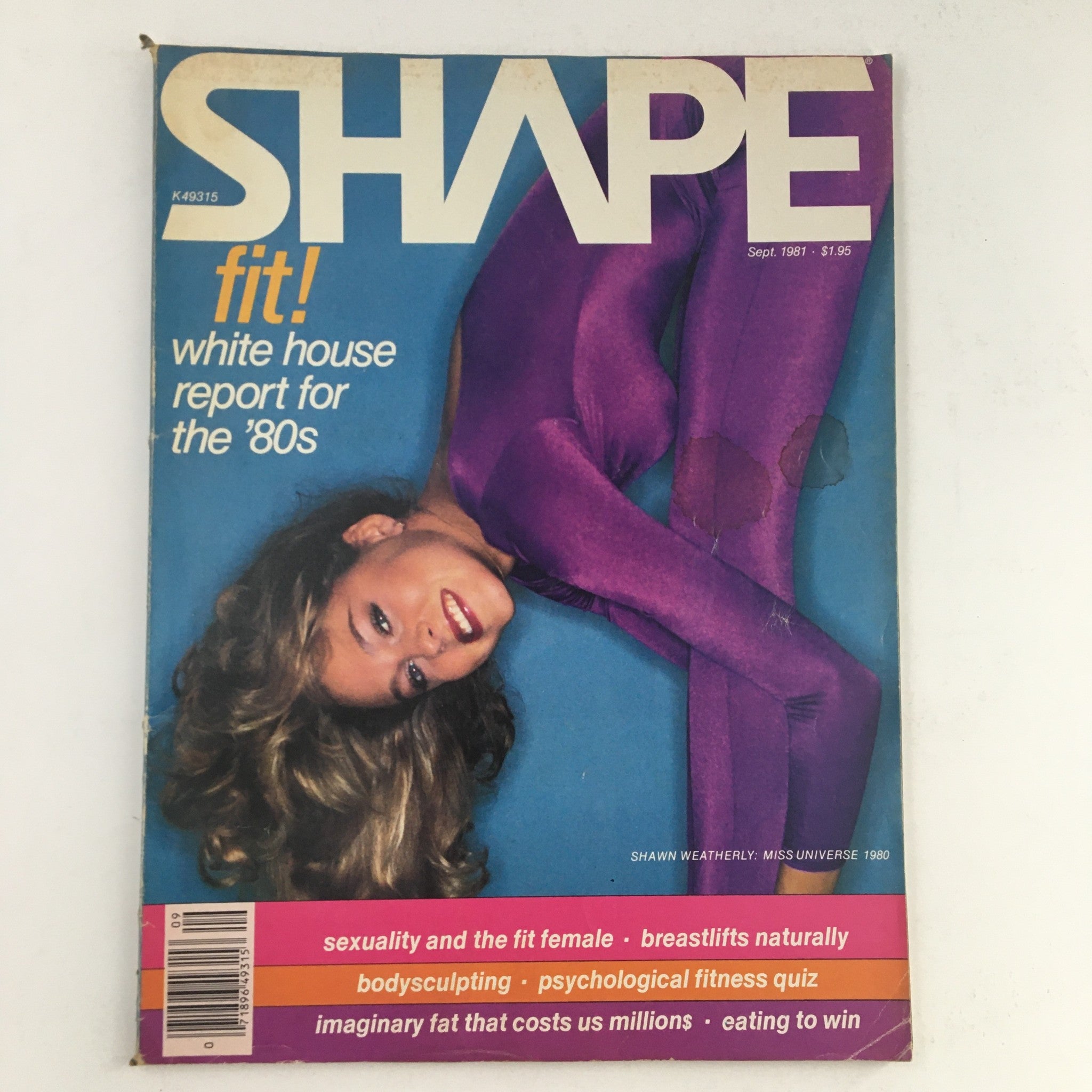 Cover of Shape Magazine September 1981 featuring Shawn Weatherly, crowned Miss Universe 1980. The cover illustrates her in a striking purple outfit, highlighting fitness and beauty trends of the early 80s.
