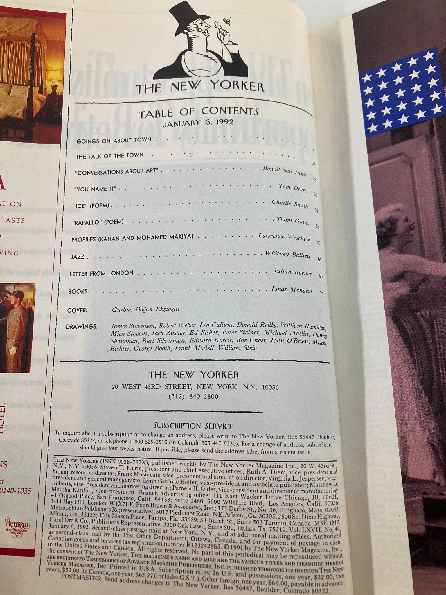 Table of contents from The New Yorker Full Magazine January 6, 1992, showcasing featured articles including 'The Talk of the Town' and 'Profiles (Kanan and Mohamed Makiya)' along with cover artist Gurbuz Dogan Eksioglu's details.