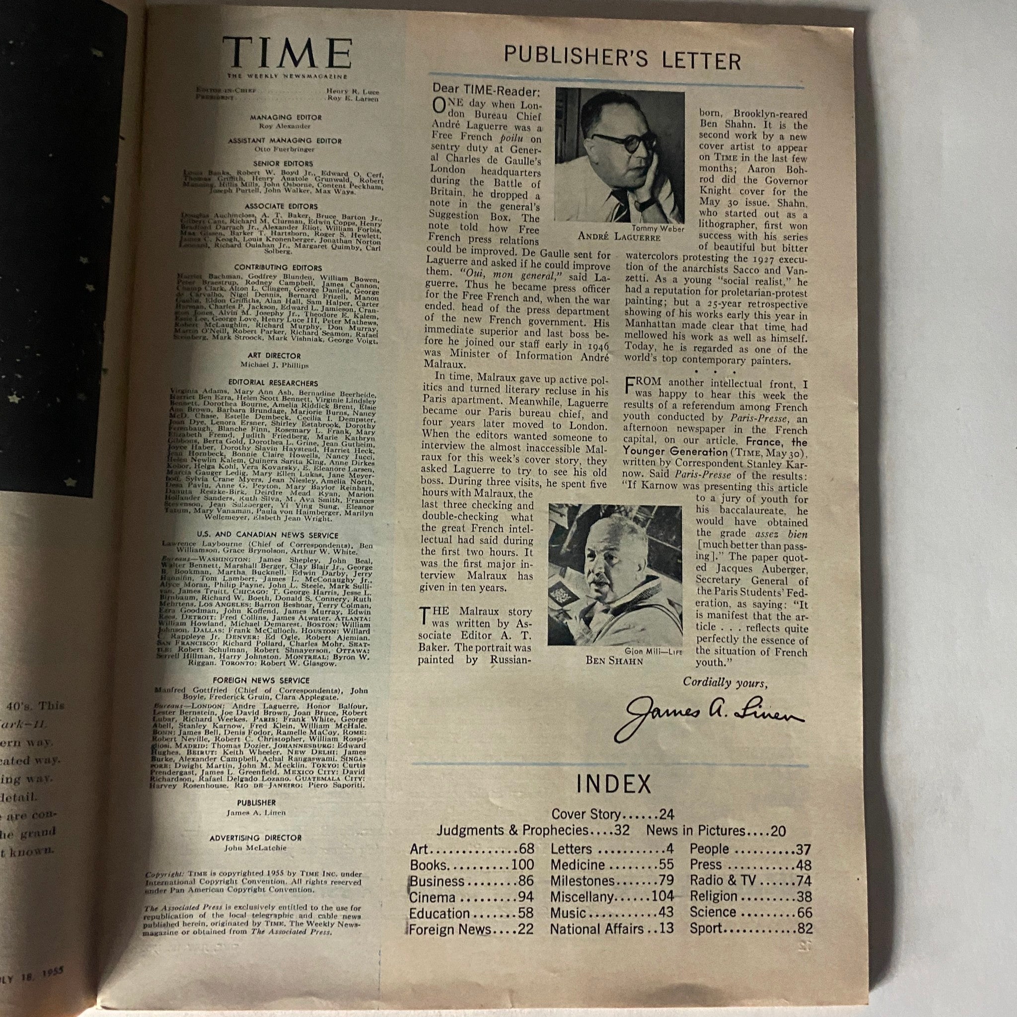 VTG Time Magazine July 18, 1955 Vol 66 No. 3 France's André Malraux