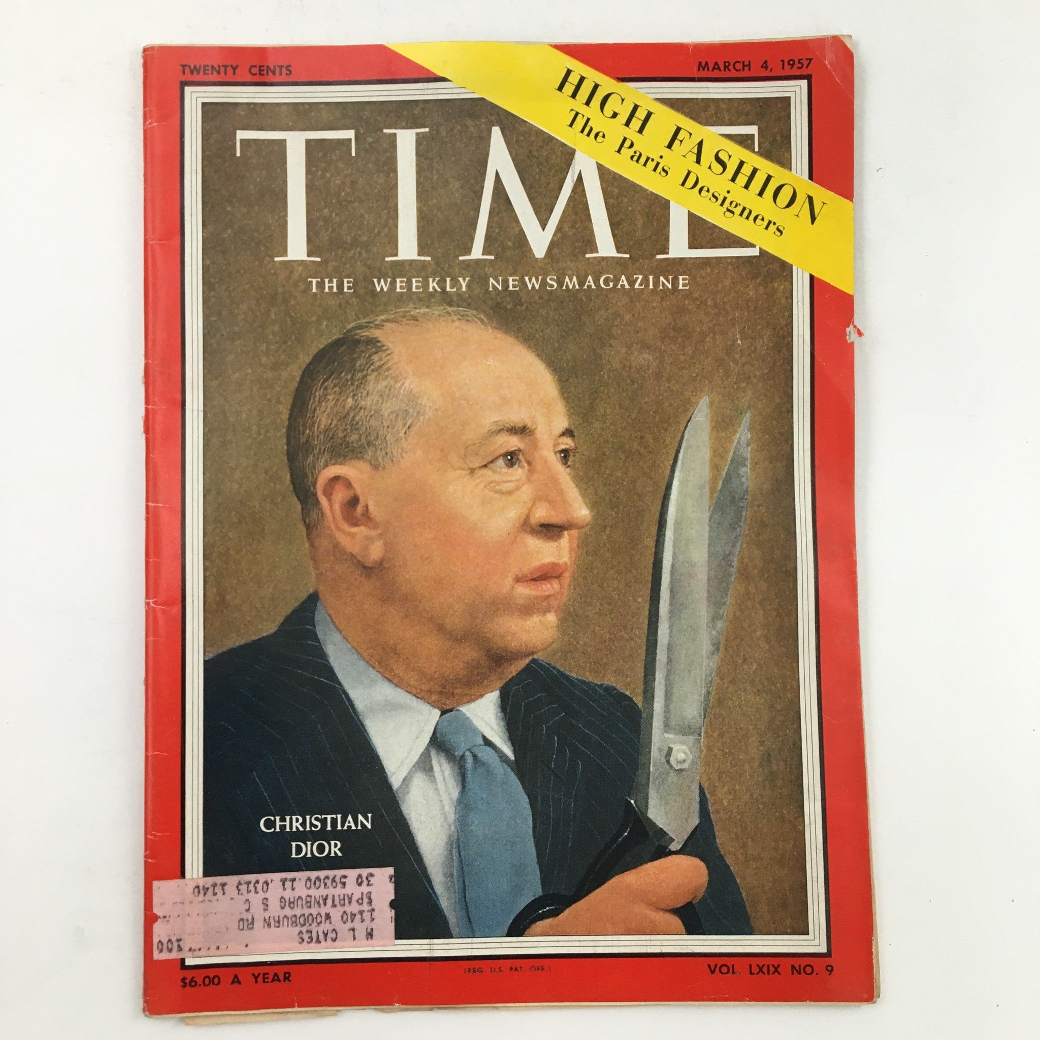 Time Magazine March 4 1957 Cover featuring Christian Dior with scissors, showcasing fashion design