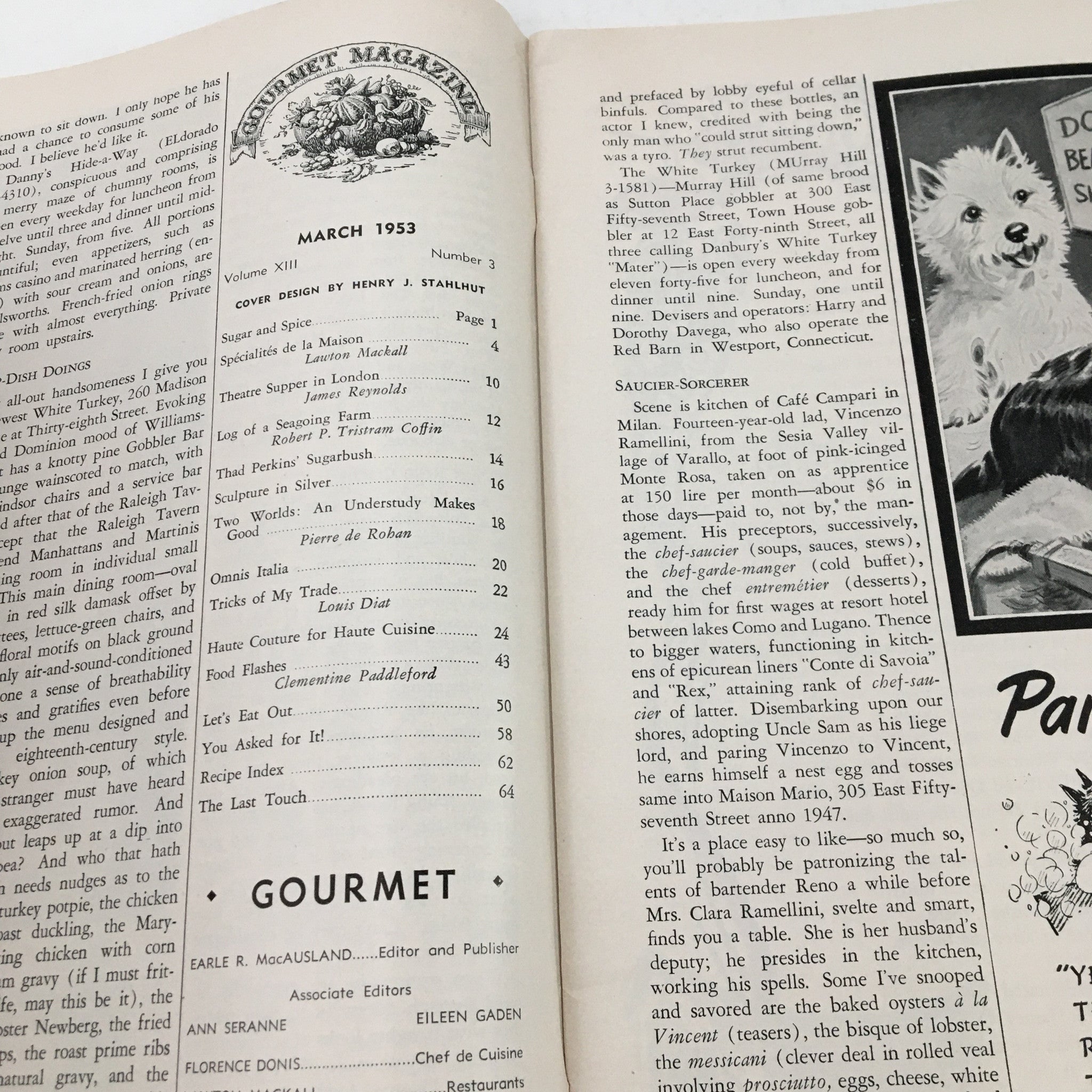 Gourmet Magazine March 1953 Vol. 13 No. 3 Thad Perkins' Sugarbush No Label