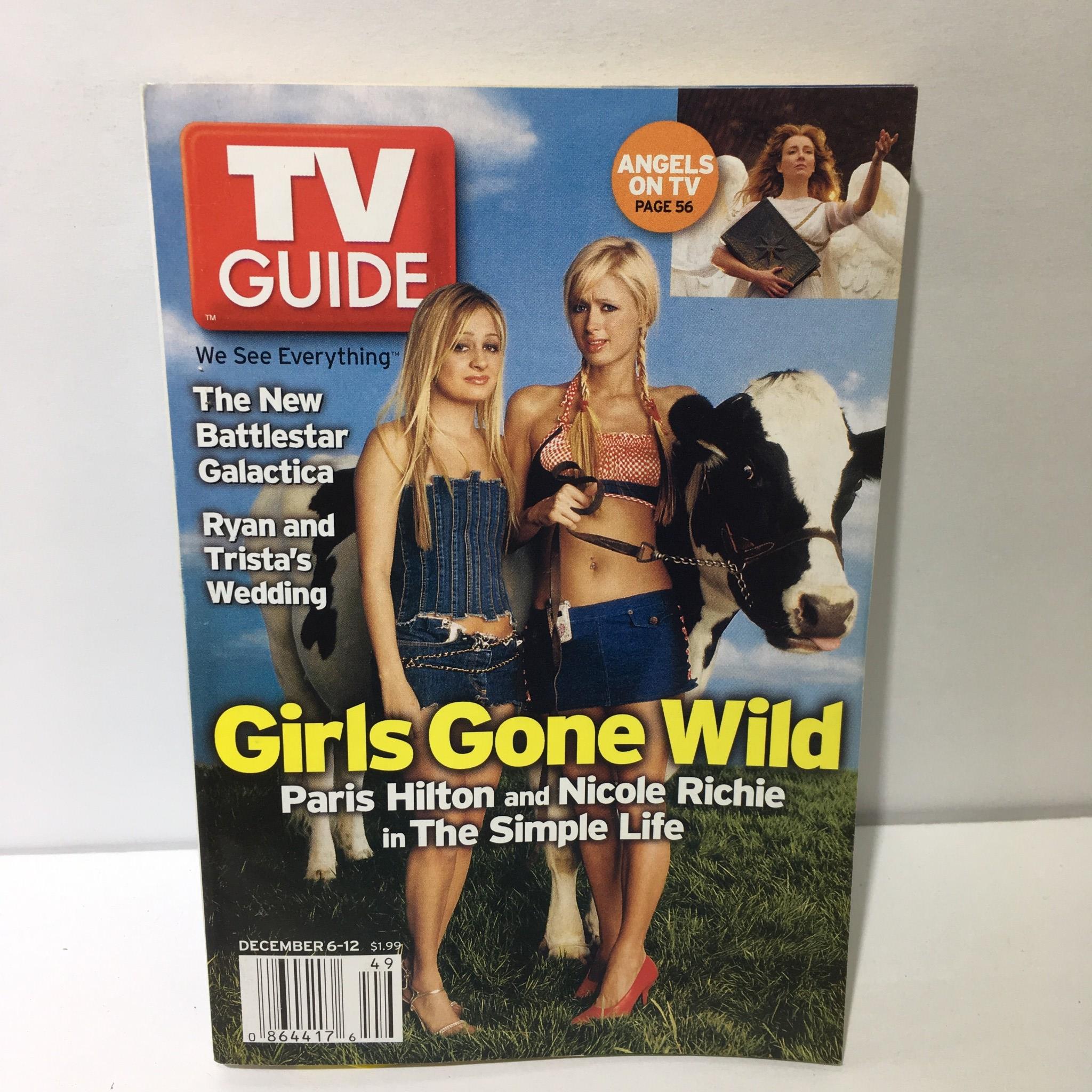 TV Guide cover from December 6-12, 2003 featuring 'Girls Gone Wild' with Paris Hilton and Nicole Richie, showing the duo next to a cow.