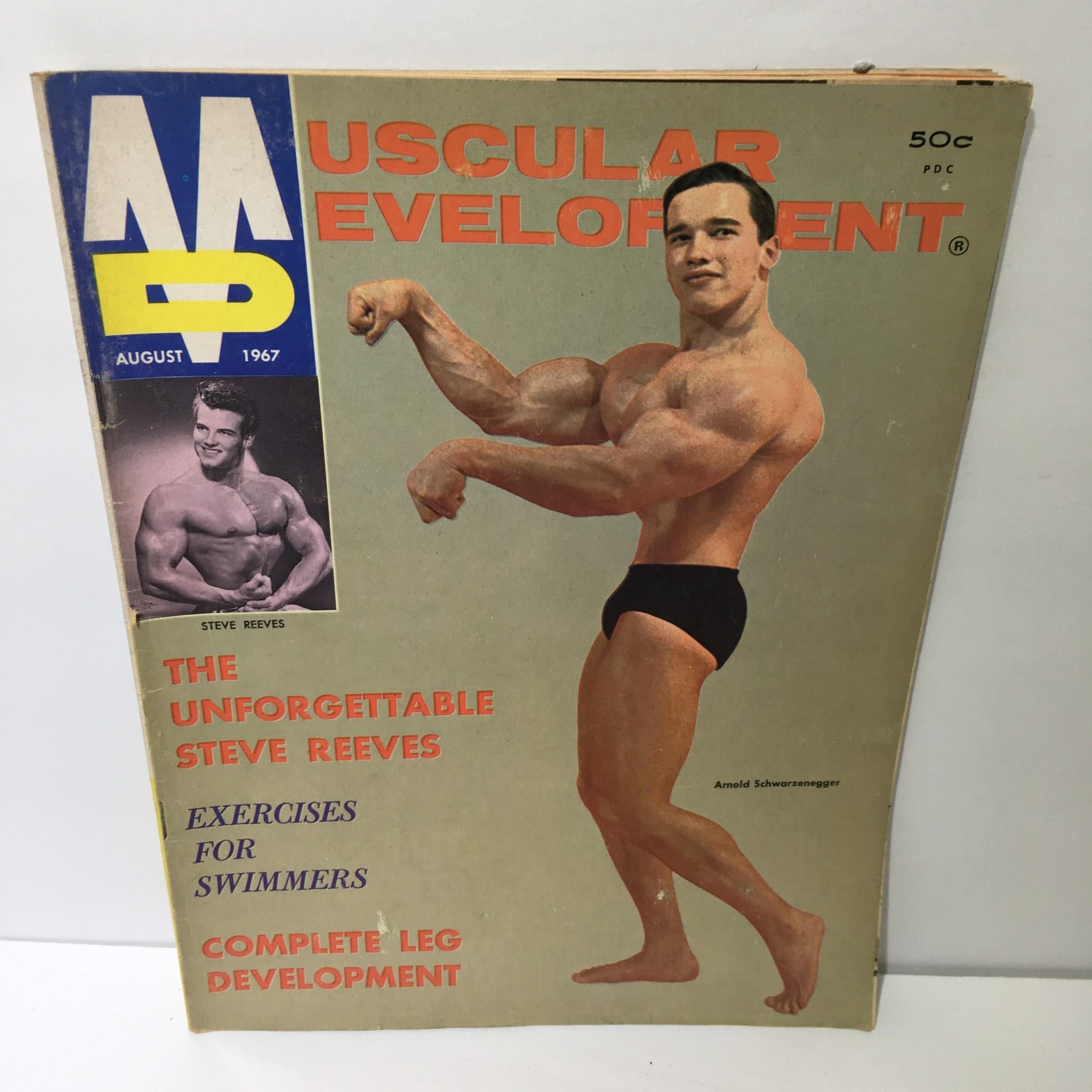 Muscular Development Magazine featuring Arnold Schwarzenegger on the cover from August 1967, showcasing bodybuilding culture with an image of a muscular Arnold in a flexing pose.